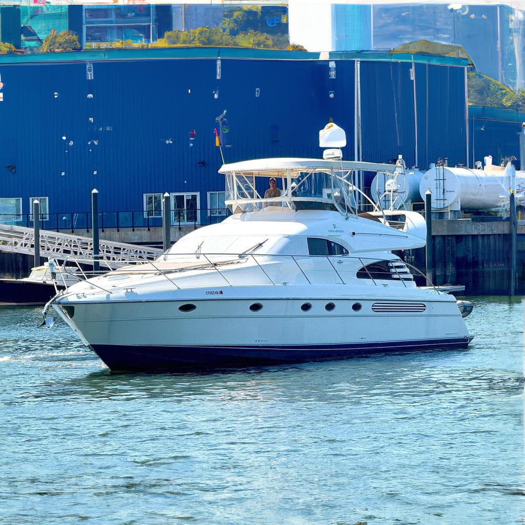 2000 Fairline Squadron 55 yacht docked in harbor.