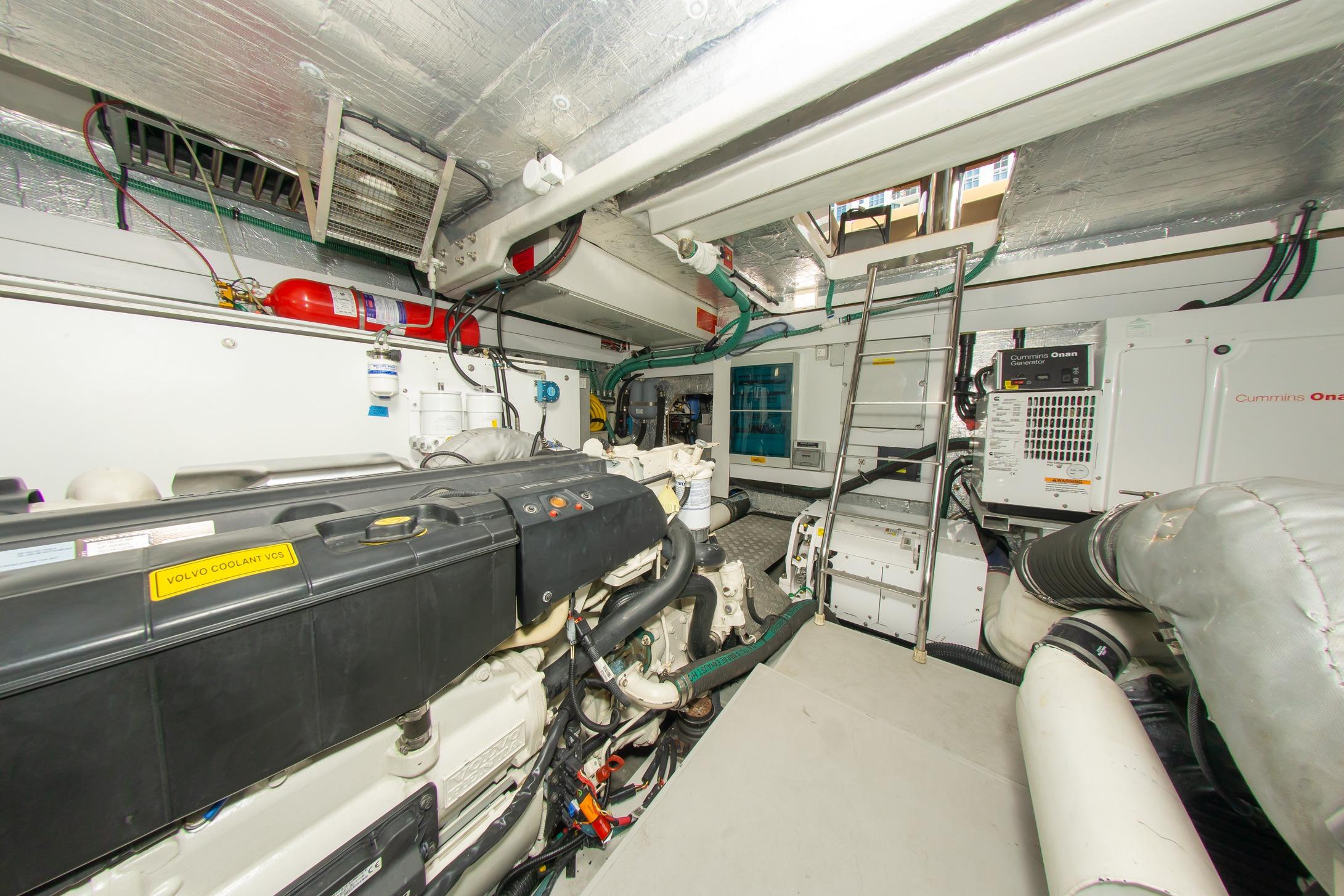 Engine room of 2018 Sunseeker Manhattan 52 yacht, featuring Volvo and Cummins Onan equipment.