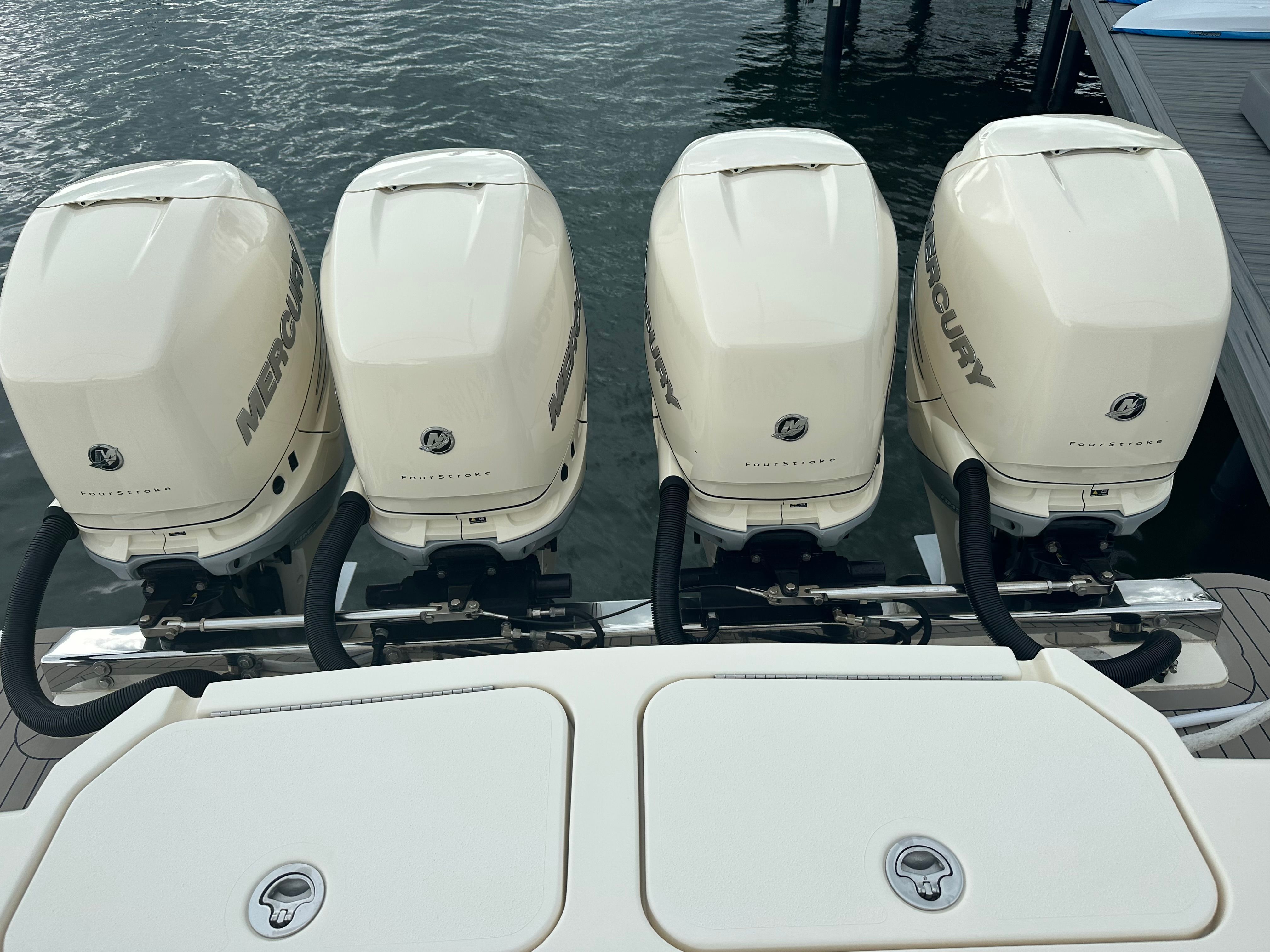 Four Mercury outboard engines on a Scout 425 LXF boat.