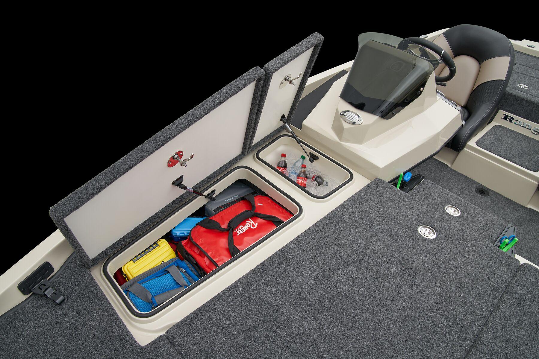Manufacturer Provided Image: 2026 Ranger Z185 boat interior with open storage compartments and safety gear.