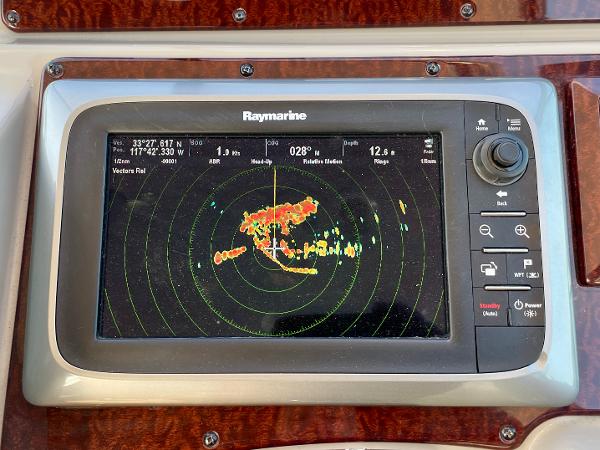 Raymarine navigation display on 2014 Sea Ray 330 Sundancer boat dashboard.