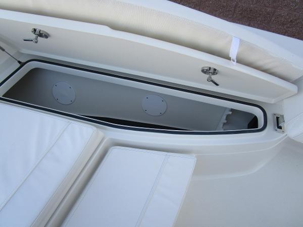 2024 Ranger 2660 Bay boat storage compartment with cushioned seating.