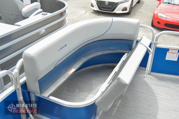 2024 Lowe Ultra 200 Cruise pontoon boat with gray and blue seating.