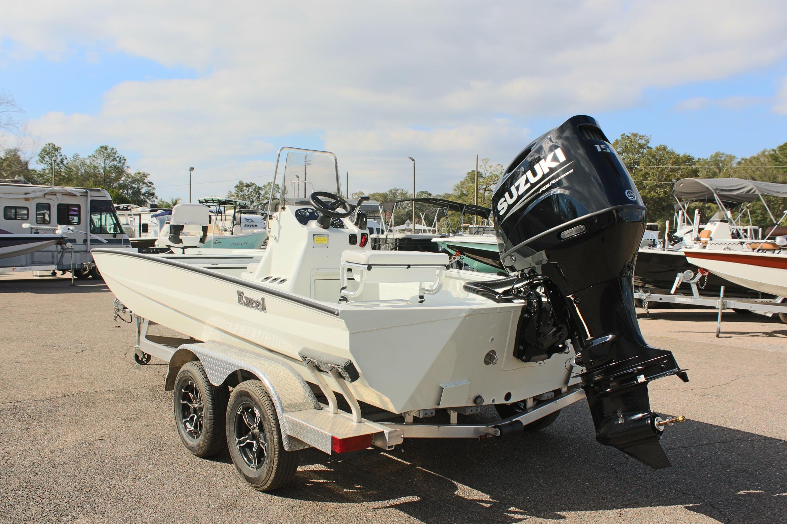 2025 Excel 2172 Stalker CC boat with Suzuki outboard motor on trailer.