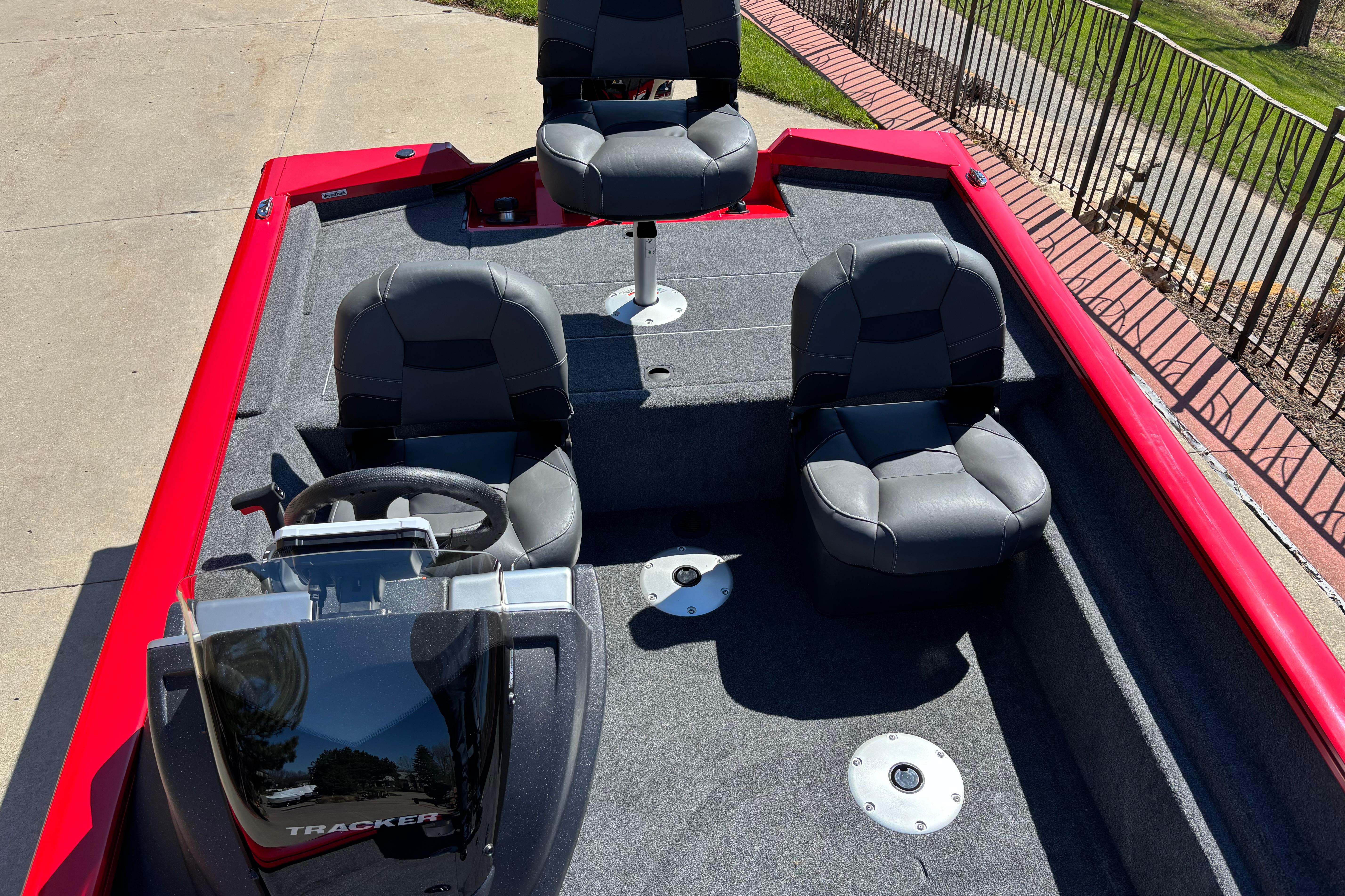 2026 Tracker Pro Team 175 Crappie Edition boat interior with seating and steering console.