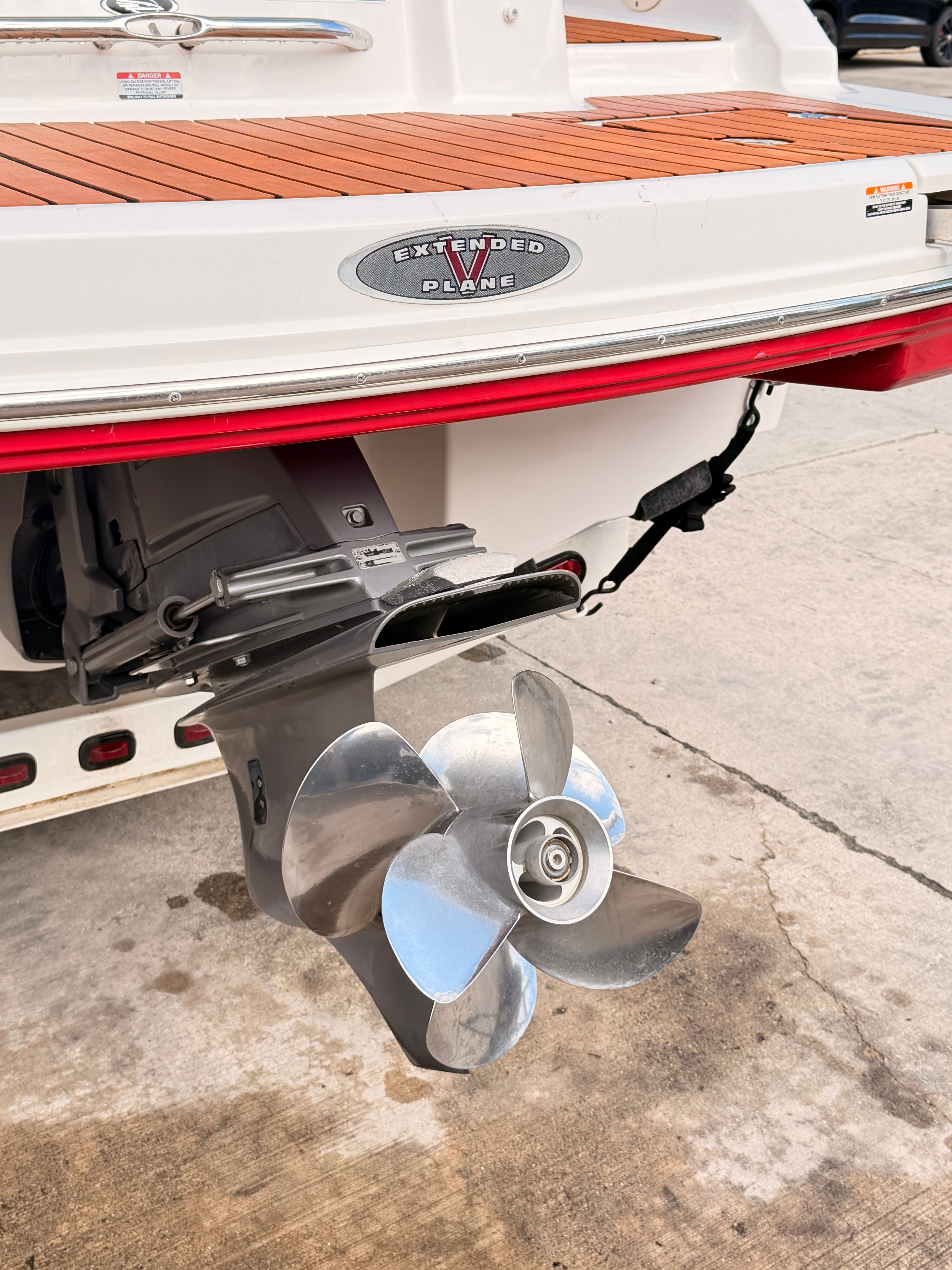 Close-up of a boat propeller on a 2008 Chaparral Sunesta 224.