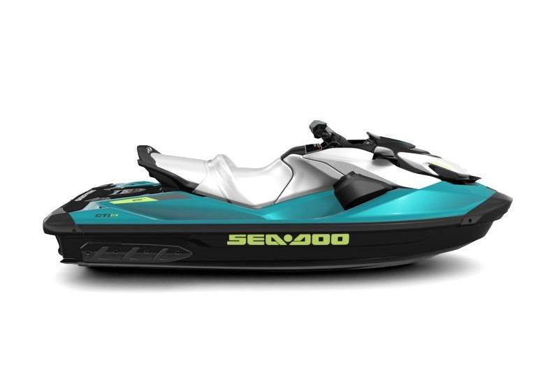 2024 Sea-Doo GTI SE 130 jet ski, turquoise and white design, side view.