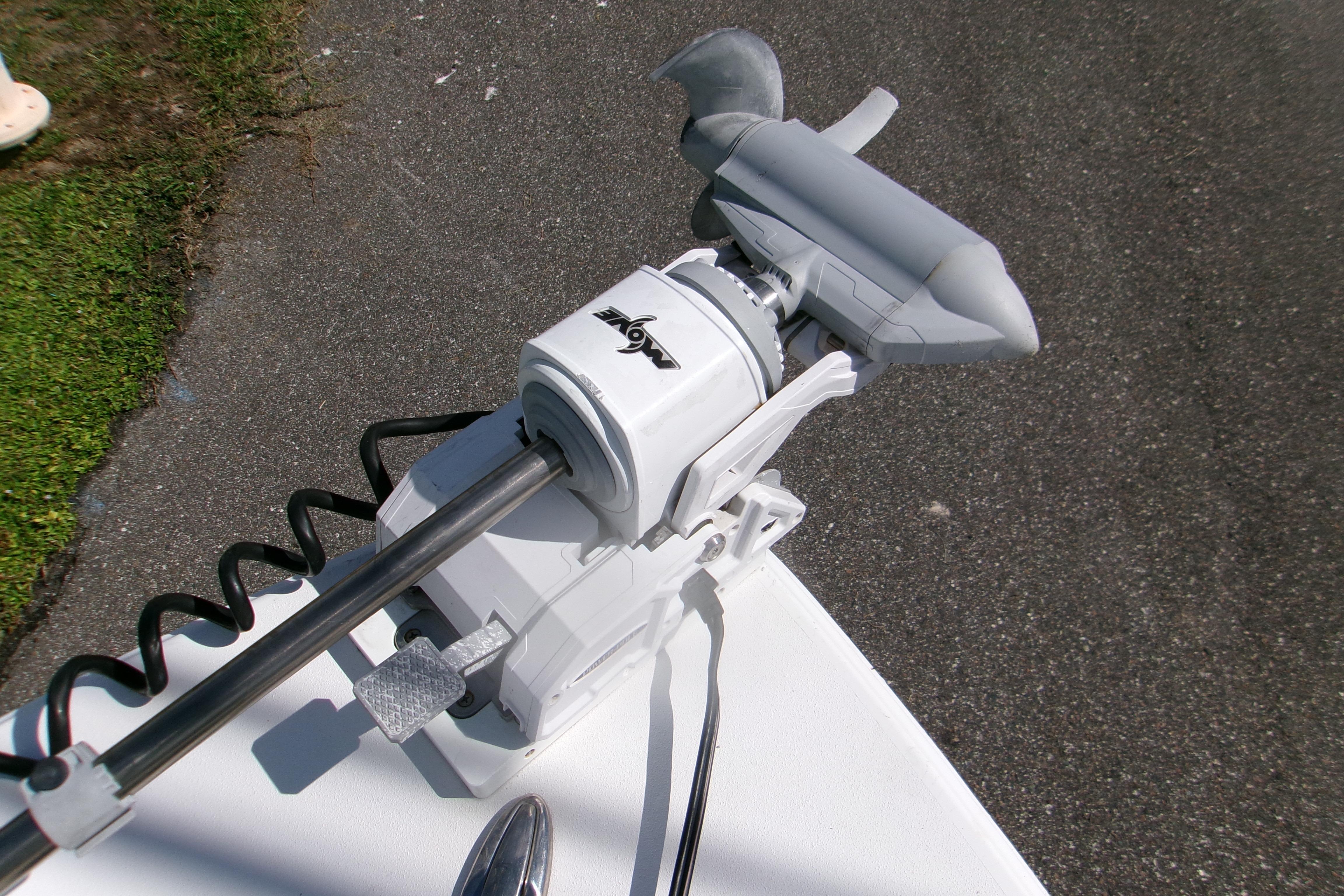 2024 Sportsman Masters 227 Bay Boat trolling motor on deck, close-up view.
