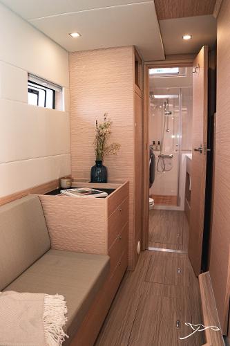 Interior of 2025 Nautitech 40 Open yacht, featuring modern design and cozy seating area.