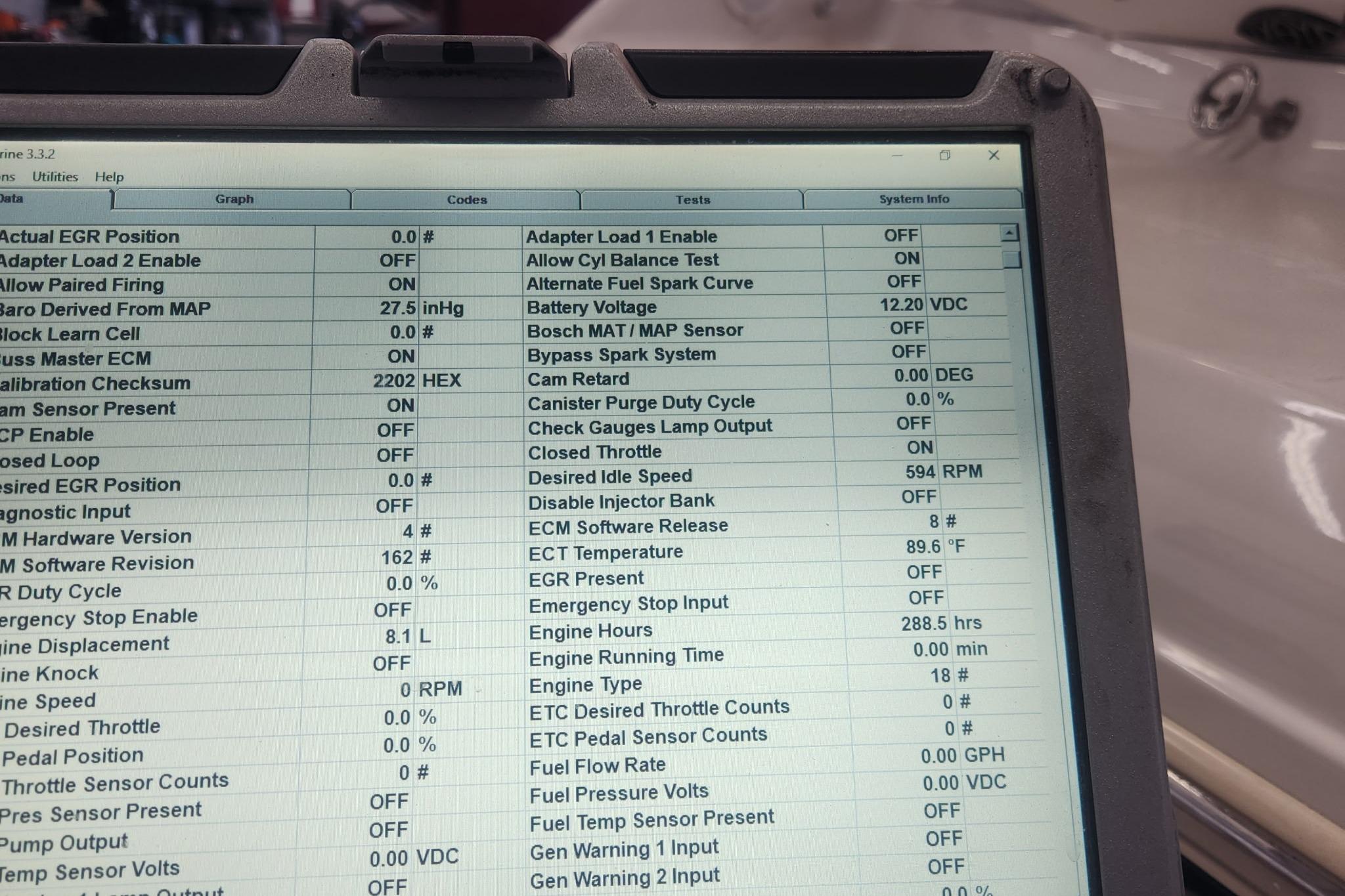 Diagnostic screen displaying engine parameters for a 2001 Chaparral 265 SSi boat.