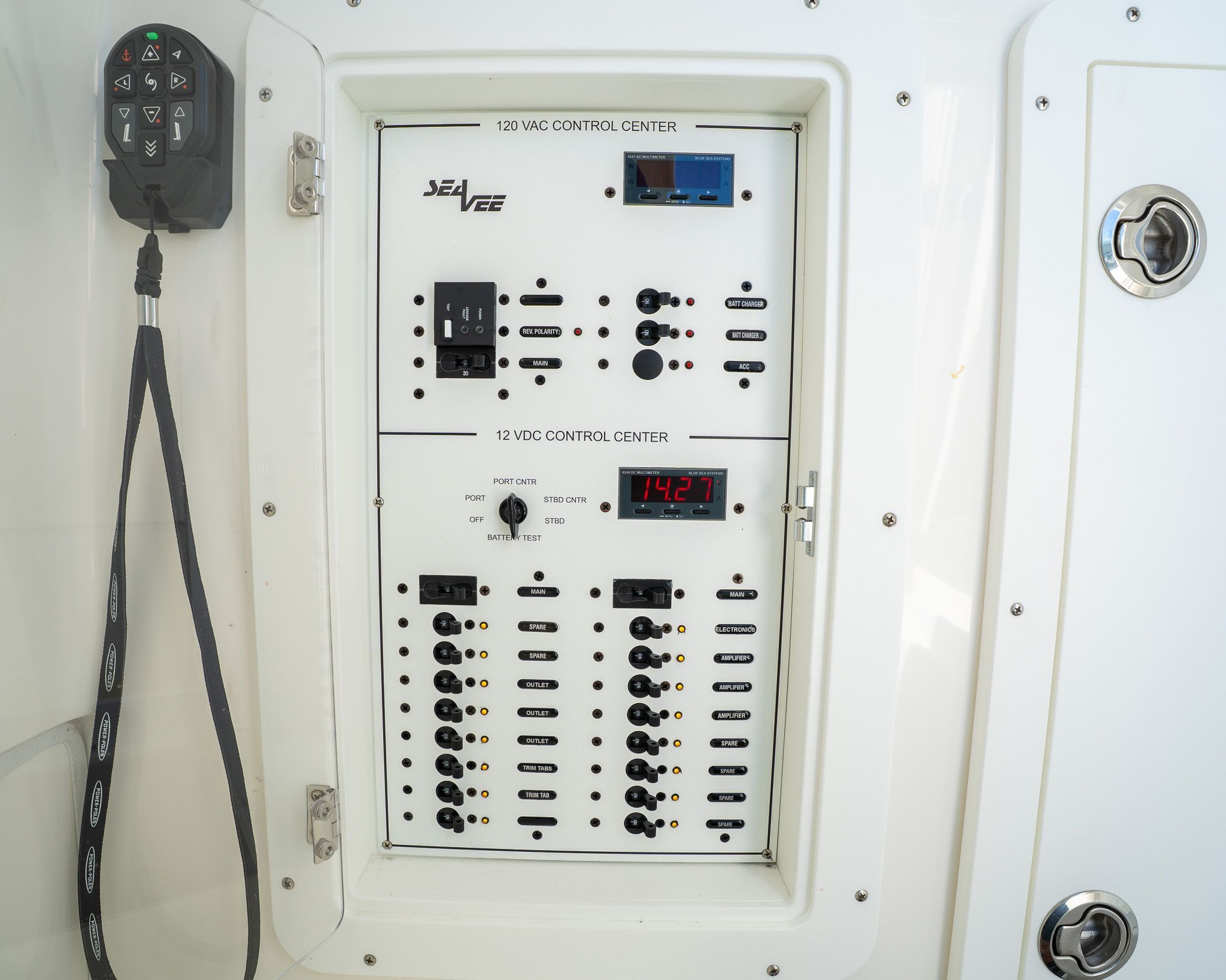 Electrical control panel aboard the 2022 SeaVee 370Z.