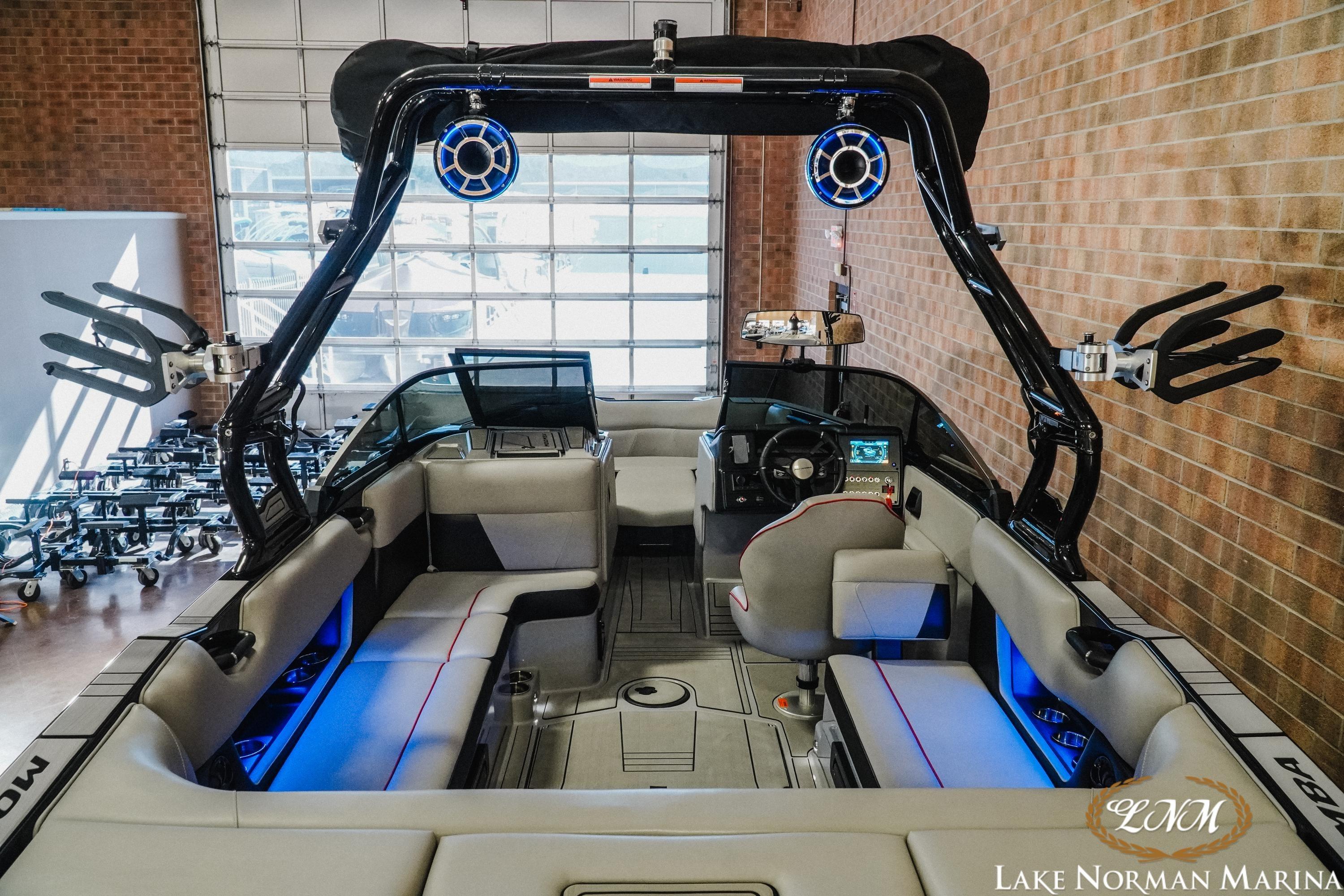 2023 Moomba Max boat interior with modern seating and advanced audio system at Lake Norman Marina.