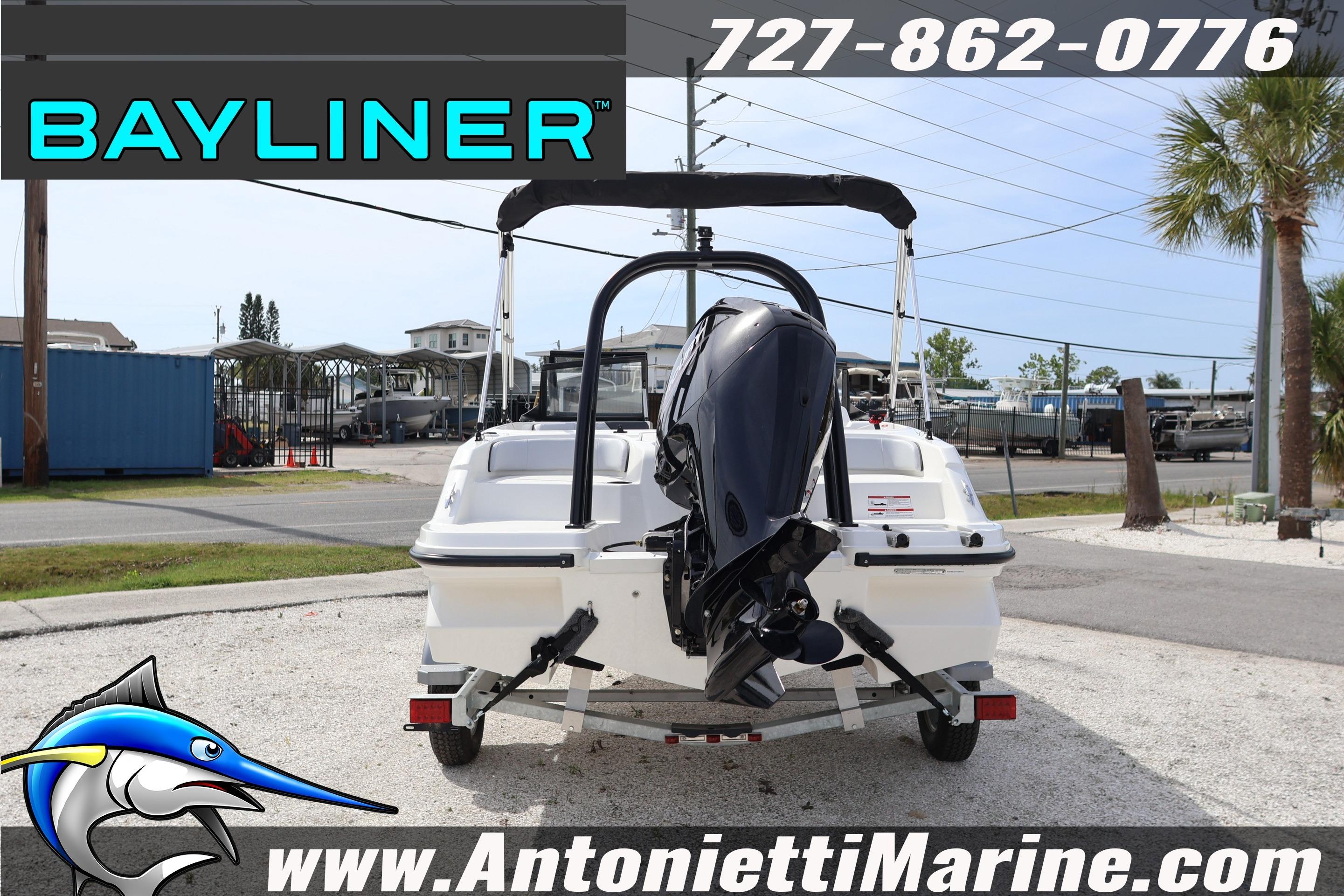 2026 Bayliner Element M17 boat on trailer at Antonietti Marine dealership.