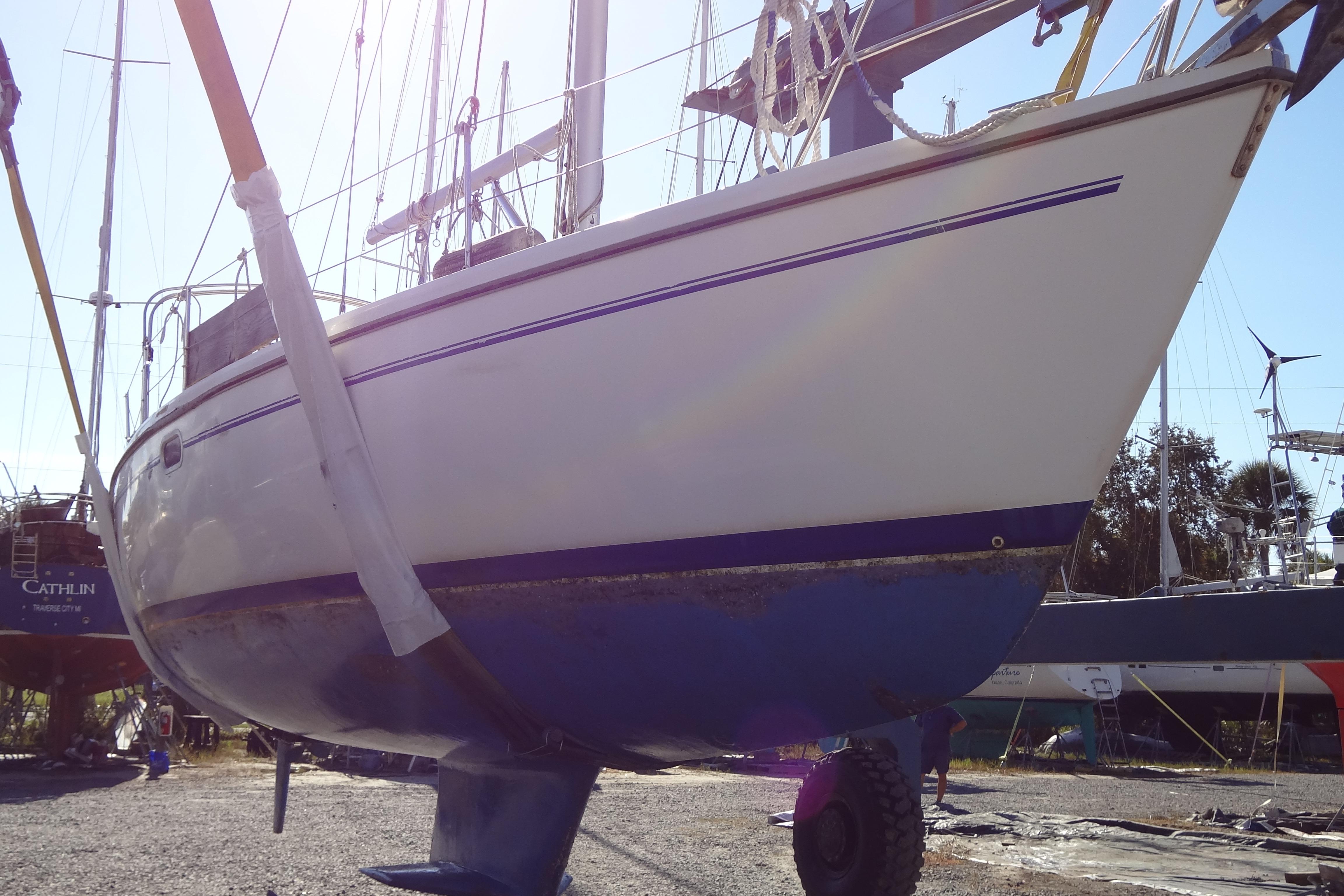 Catalina 36 MkII sailboat from 2000 on dry dock, ready for maintenance.