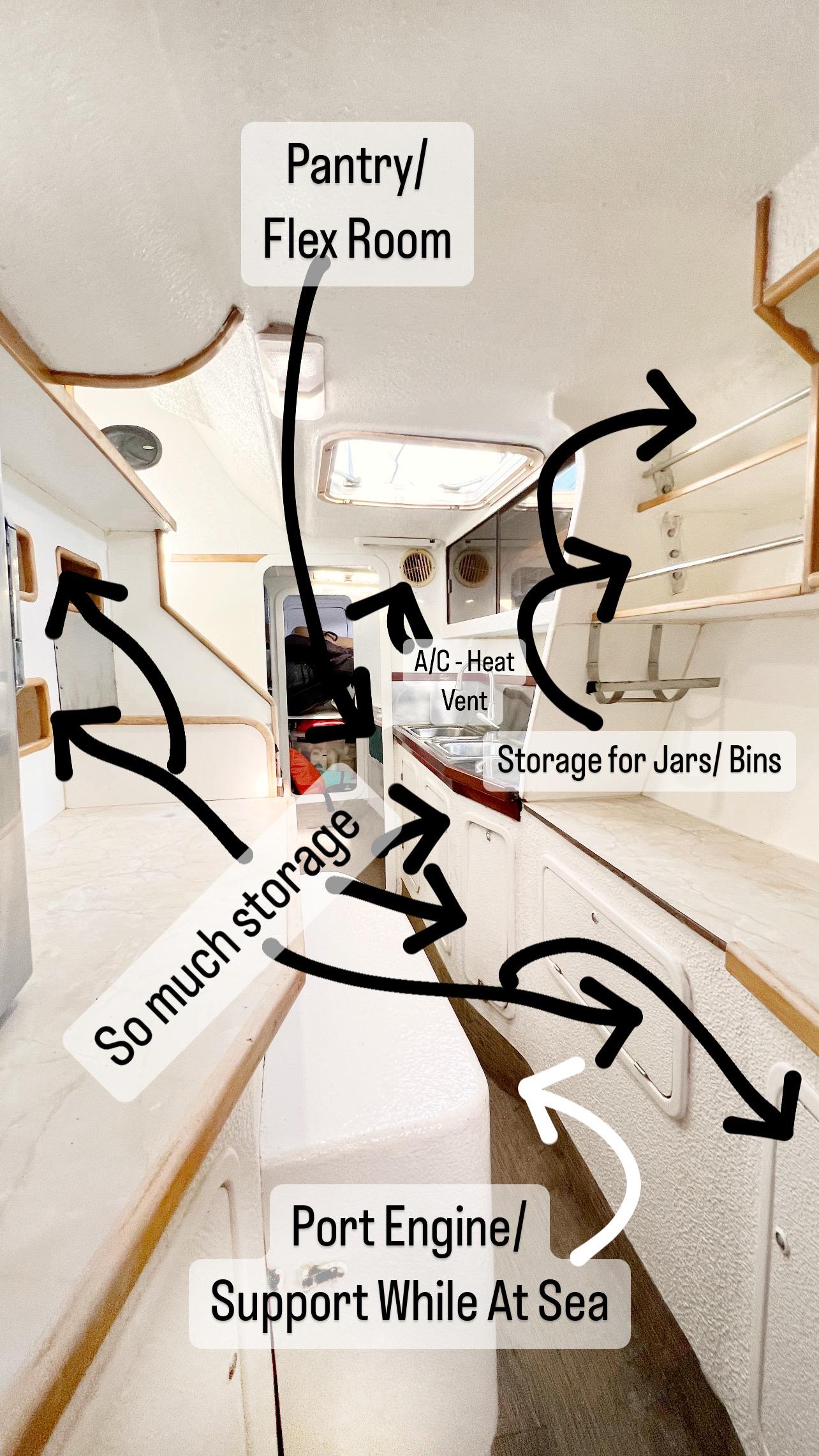 Interior view of 1999 St Francis 44 MKII yacht with labeled storage areas.