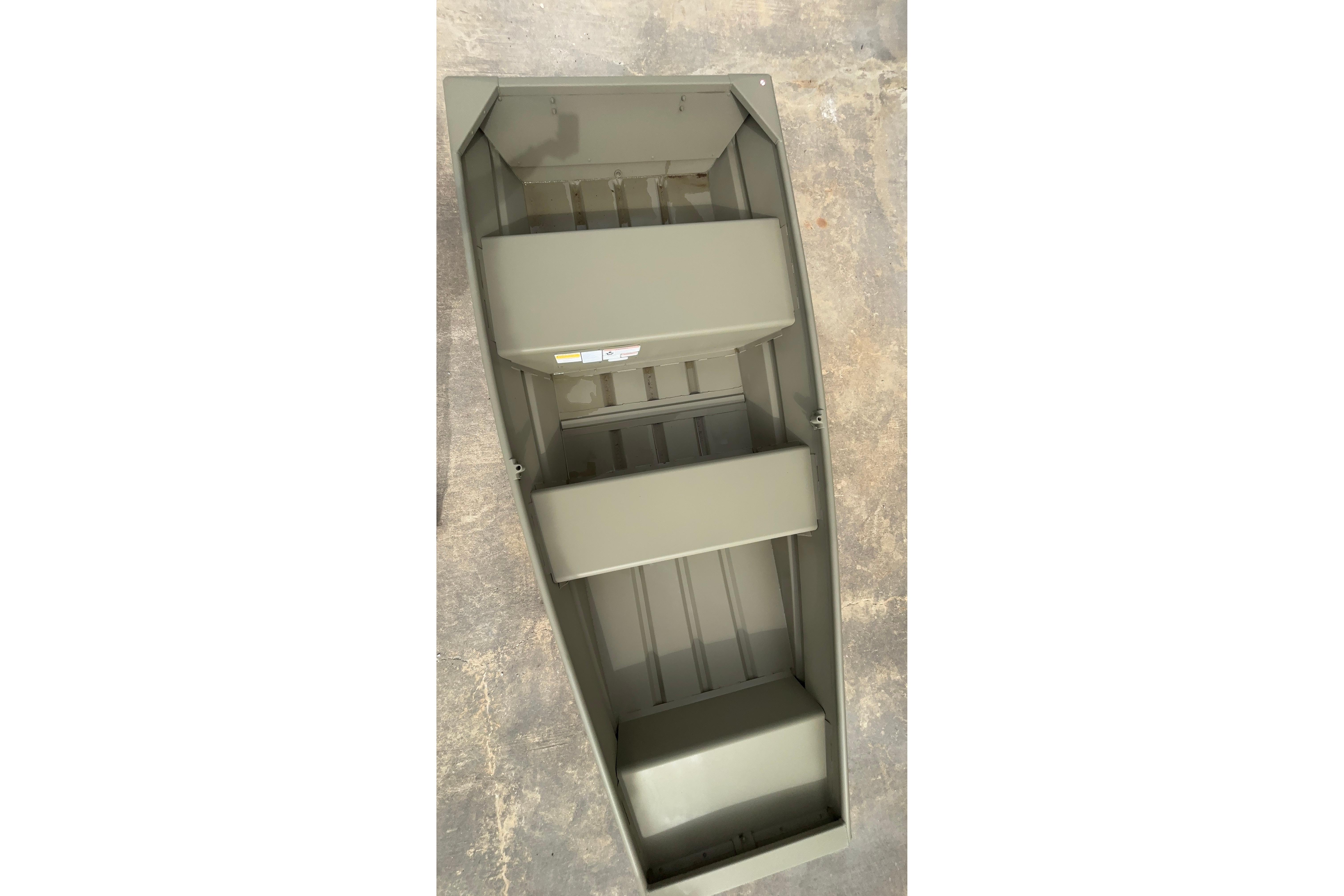2026 Tracker Grizzly 10 Jon boat, interior view, showcasing seating and storage layout.