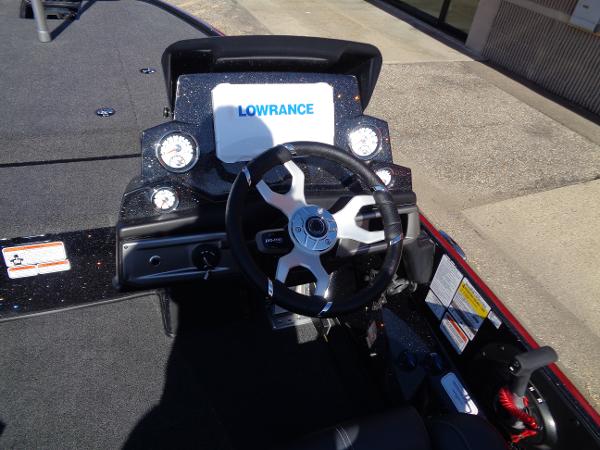 2024 Nitro Z19 Pro boat dashboard with Lowrance electronics and steering wheel.
