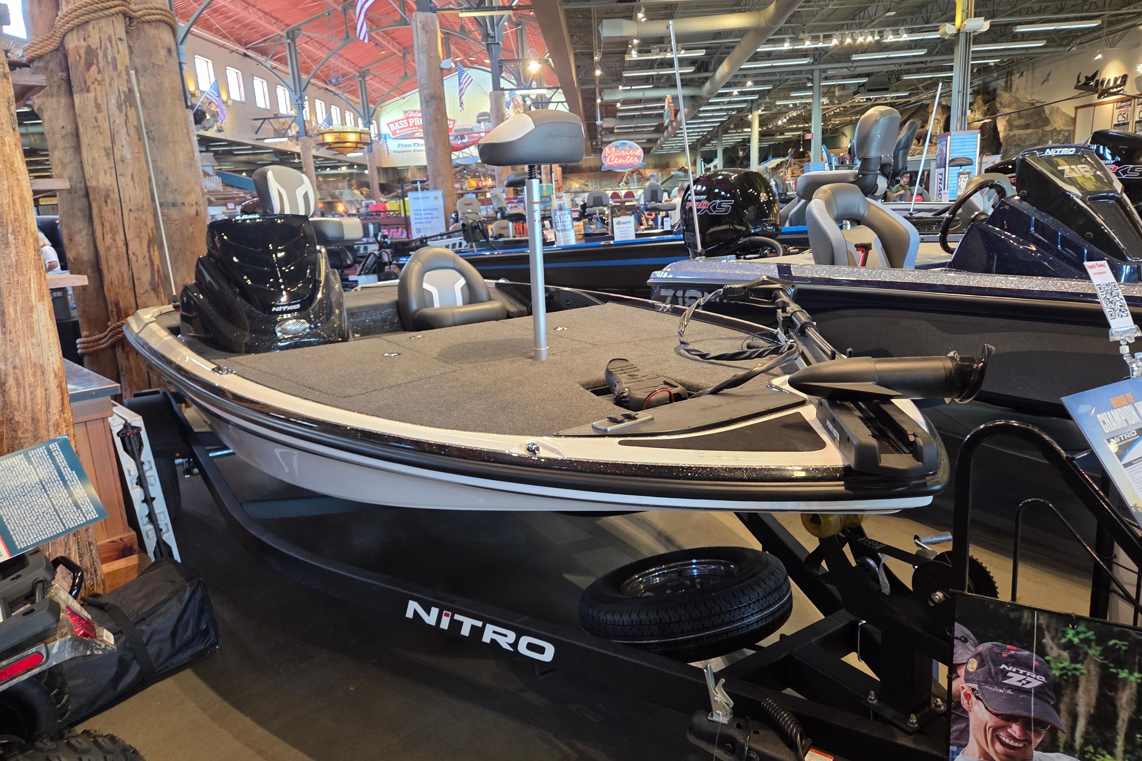 2026 Nitro Z17 boat displayed in a showroom with modern interior and equipment.