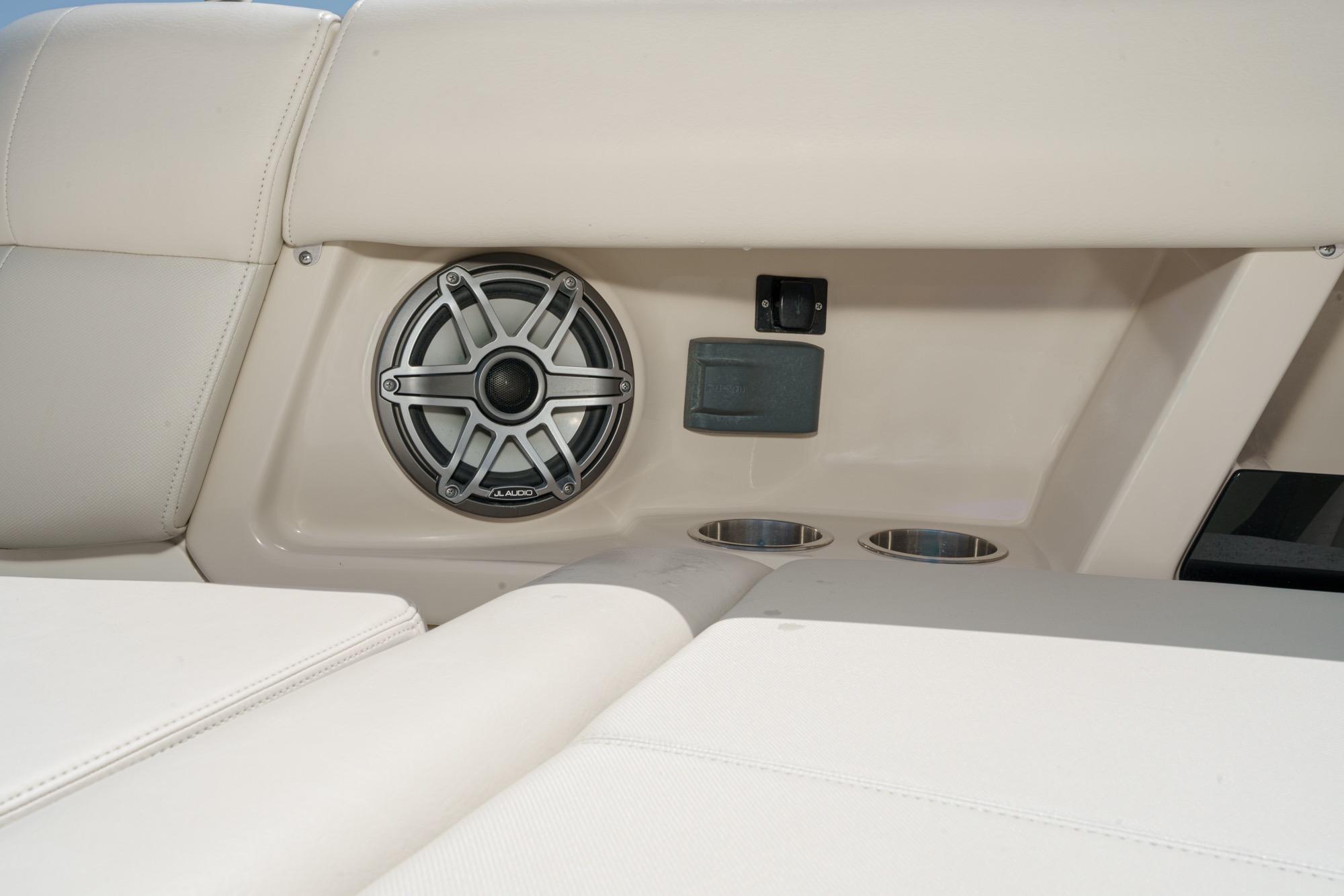 2023 Boston Whaler 350 Realm interior with speaker and cup holders.