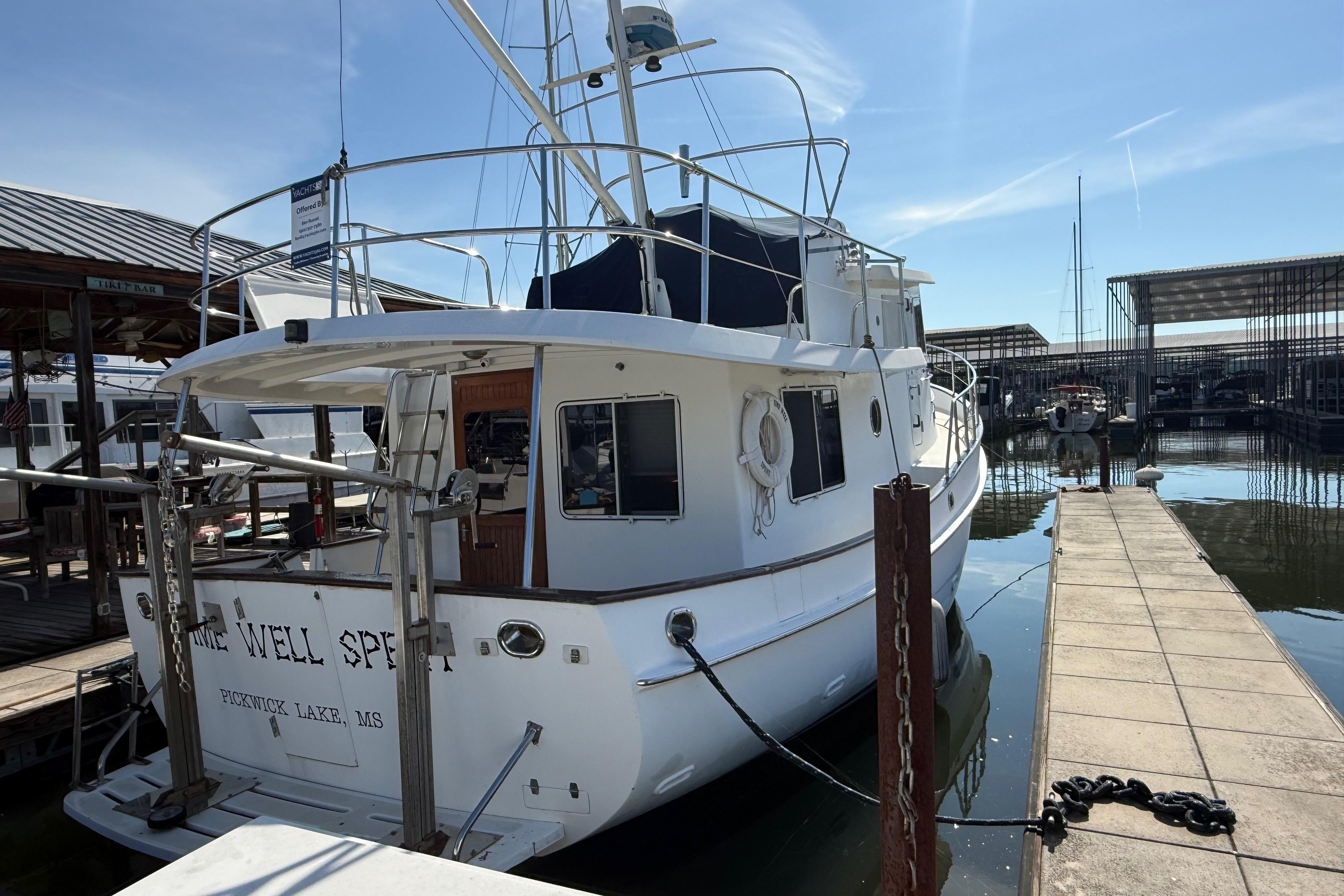 Kadey-Krogen 39 yacht docked at marina, 2001 model, sunny day, Pickwick Lake.