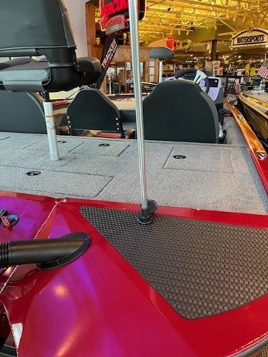 2025 Tracker Savage 215 boat interior with red accents and seating.