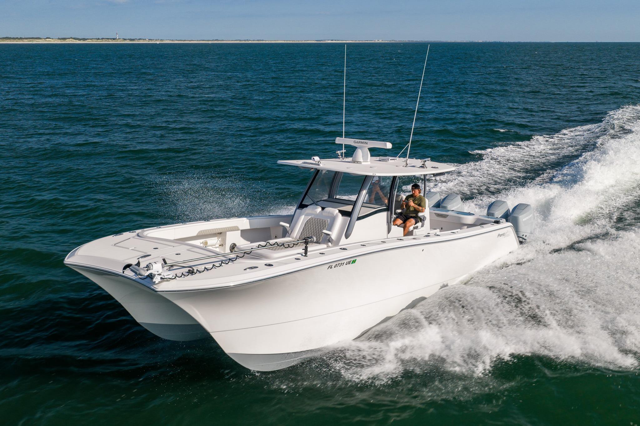 2026 Front Runner 37 Catamaran cruising on open water, showcasing sleek design and performance.