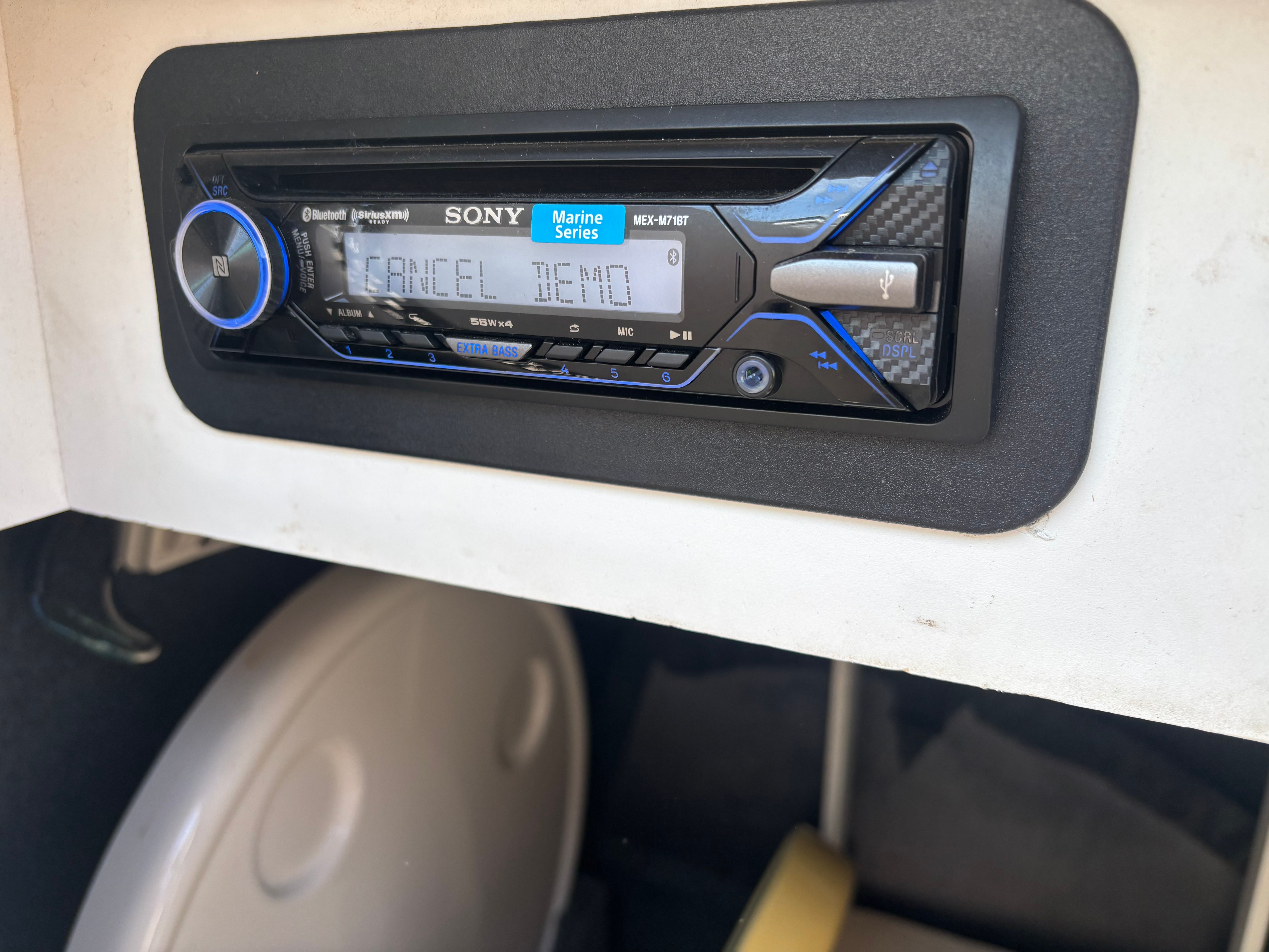 A Sony Marine Series radio in a boat.