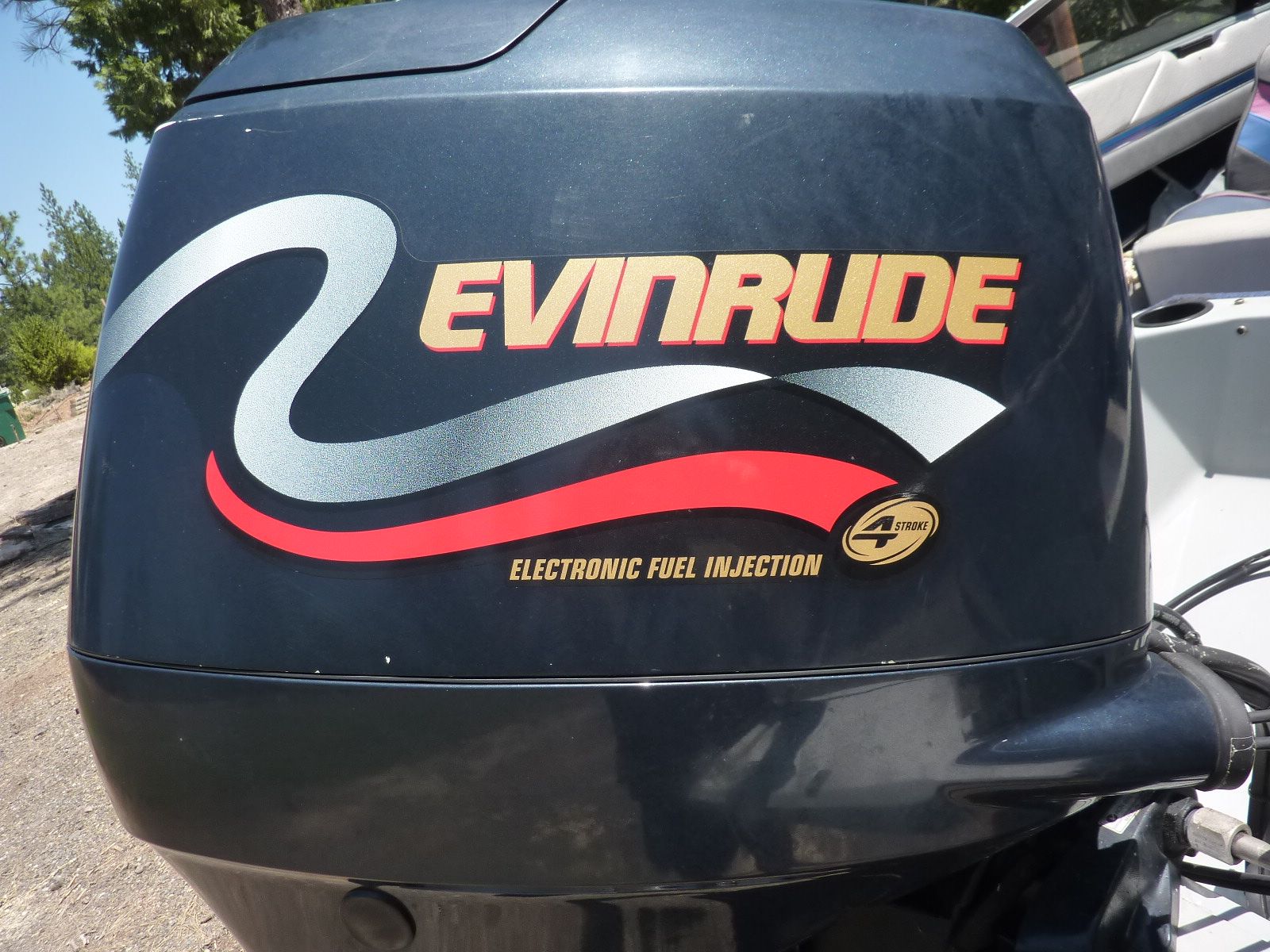 Close-up of an Evinrude outboard motor with electronic fuel injection.