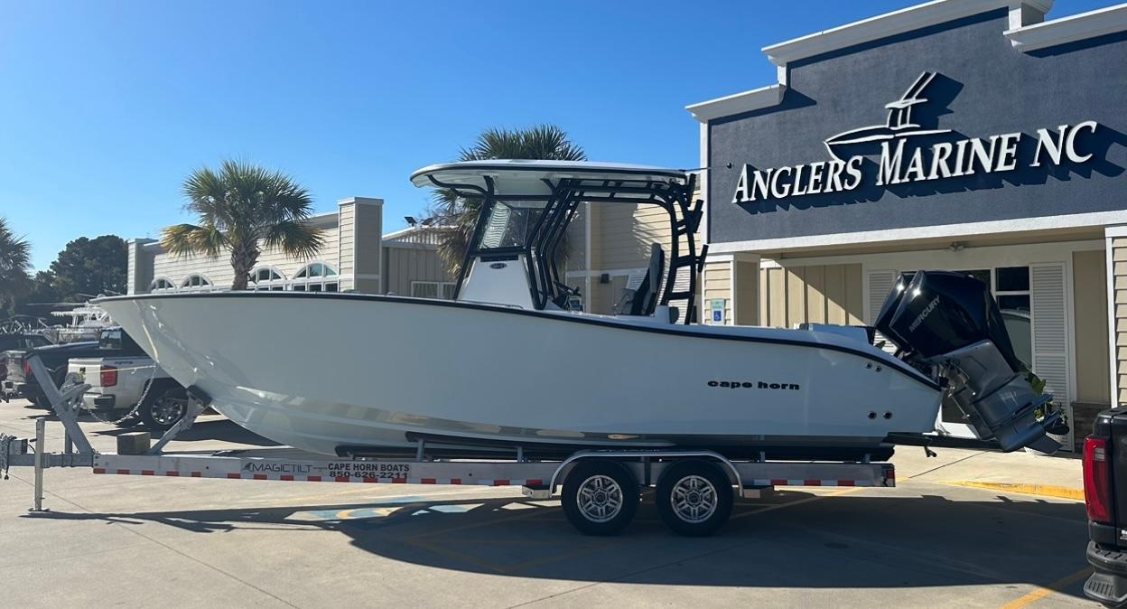 2025 Cape Horn 28XS boat on trailer at Anglers Marine NC dealership.