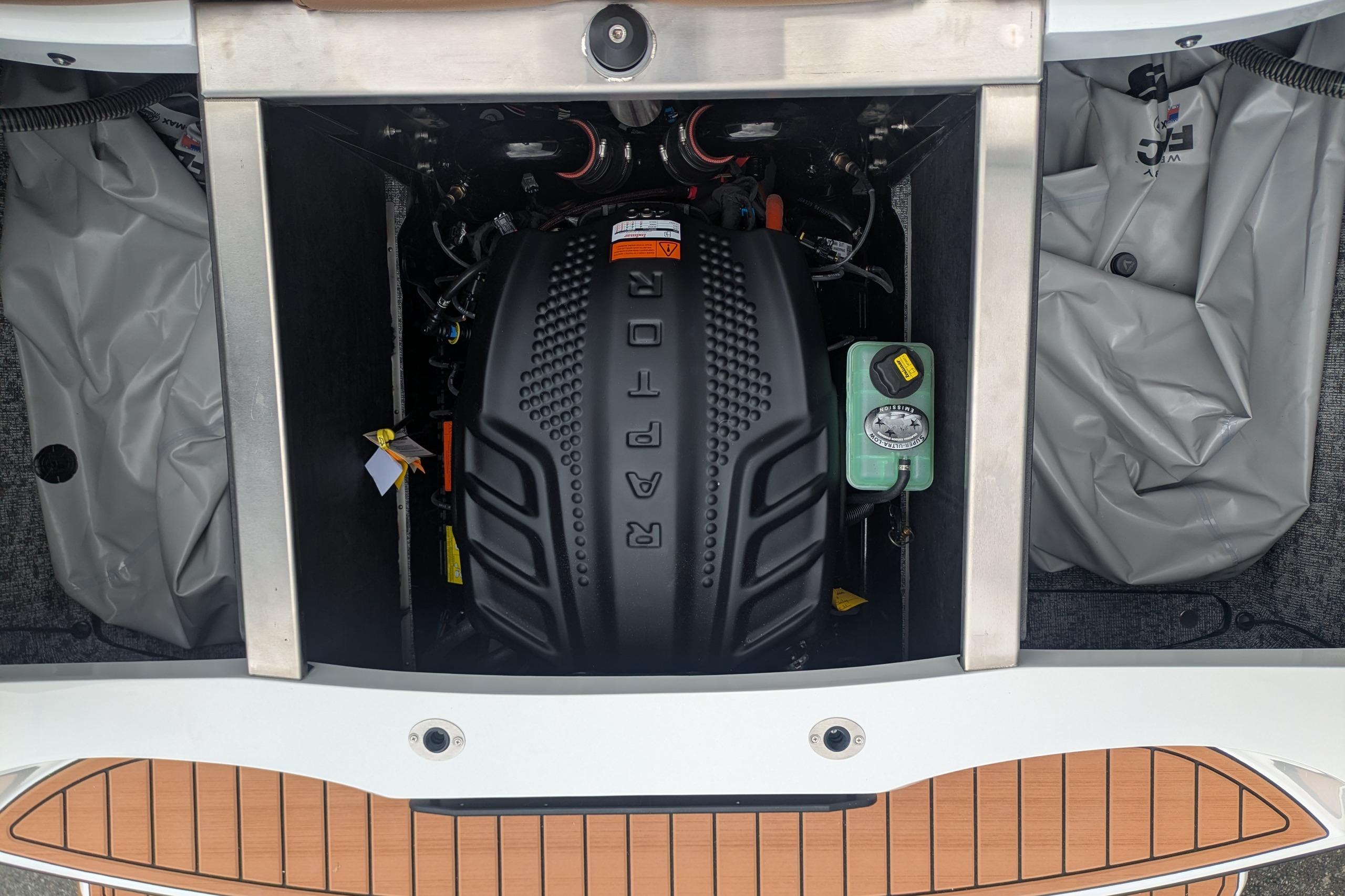 Engine compartment of 2026 MB B52-23 Classic LIMITED boat, featuring Raptor engine.