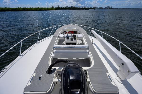 Bow view of 2000 Viking 50 Convertible yacht on open water.