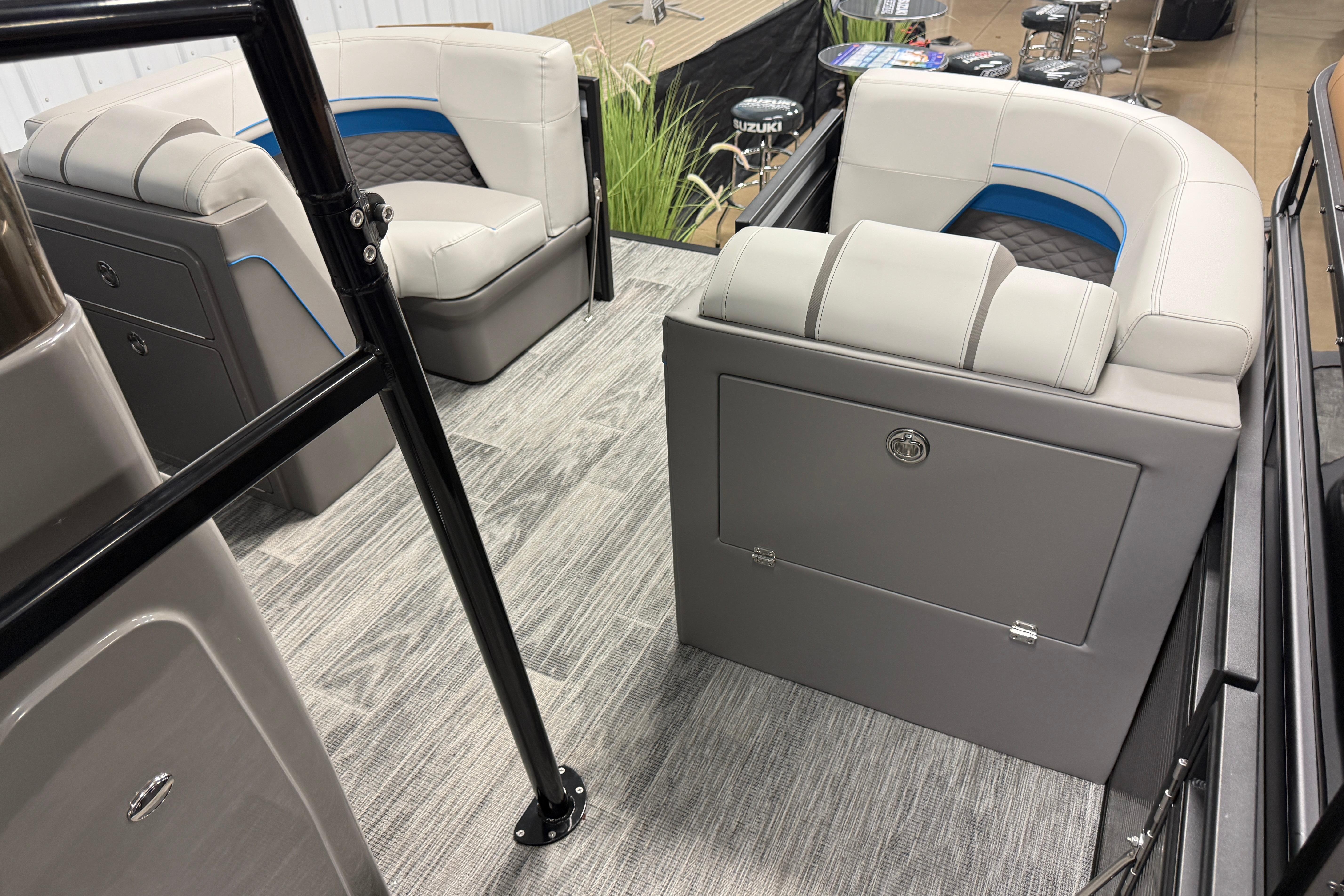 Interior of 2026 Qwest M-Class 22 Pro Sport boat with modern seating and sleek design.