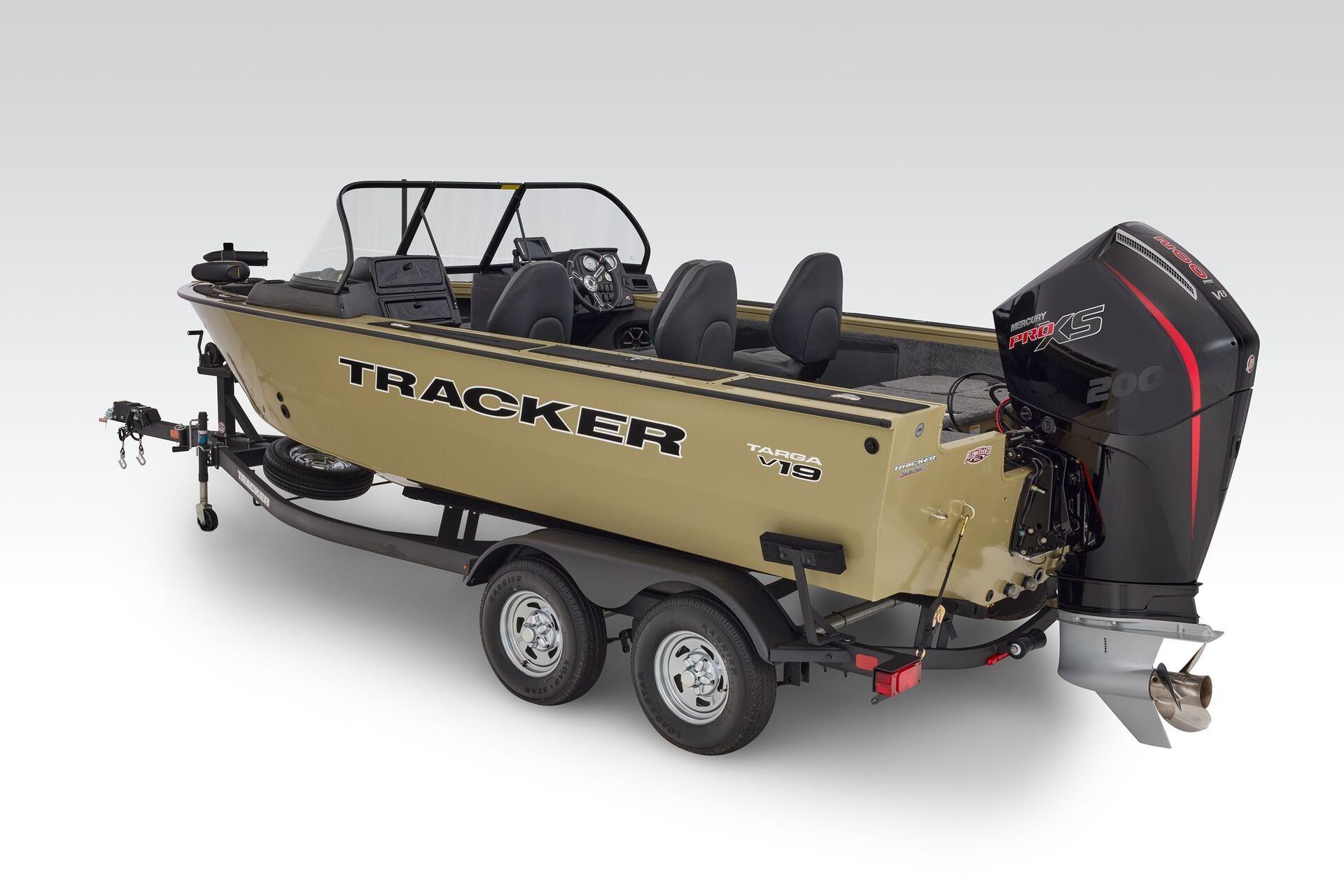 2026 Tracker Targa V-19 Combo boat with trailer and powerful outboard motor.