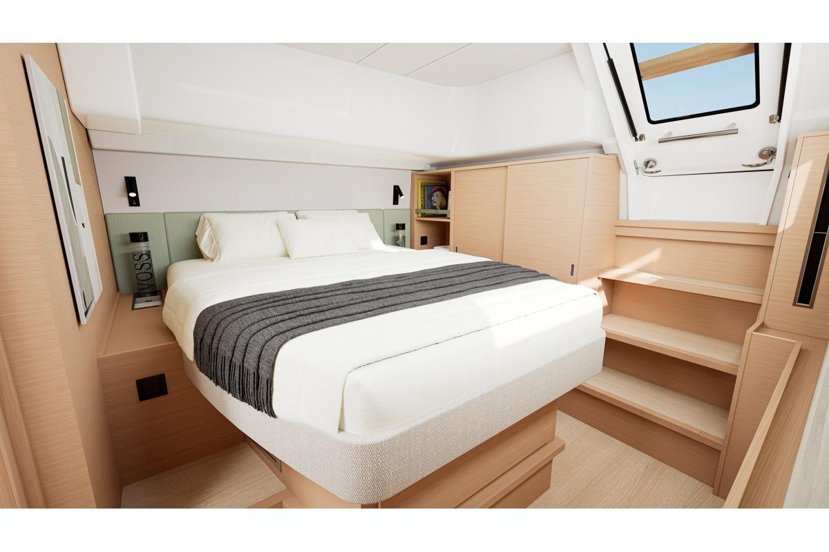 Luxurious bedroom in Lagoon 47 catamaran, model year 2026.