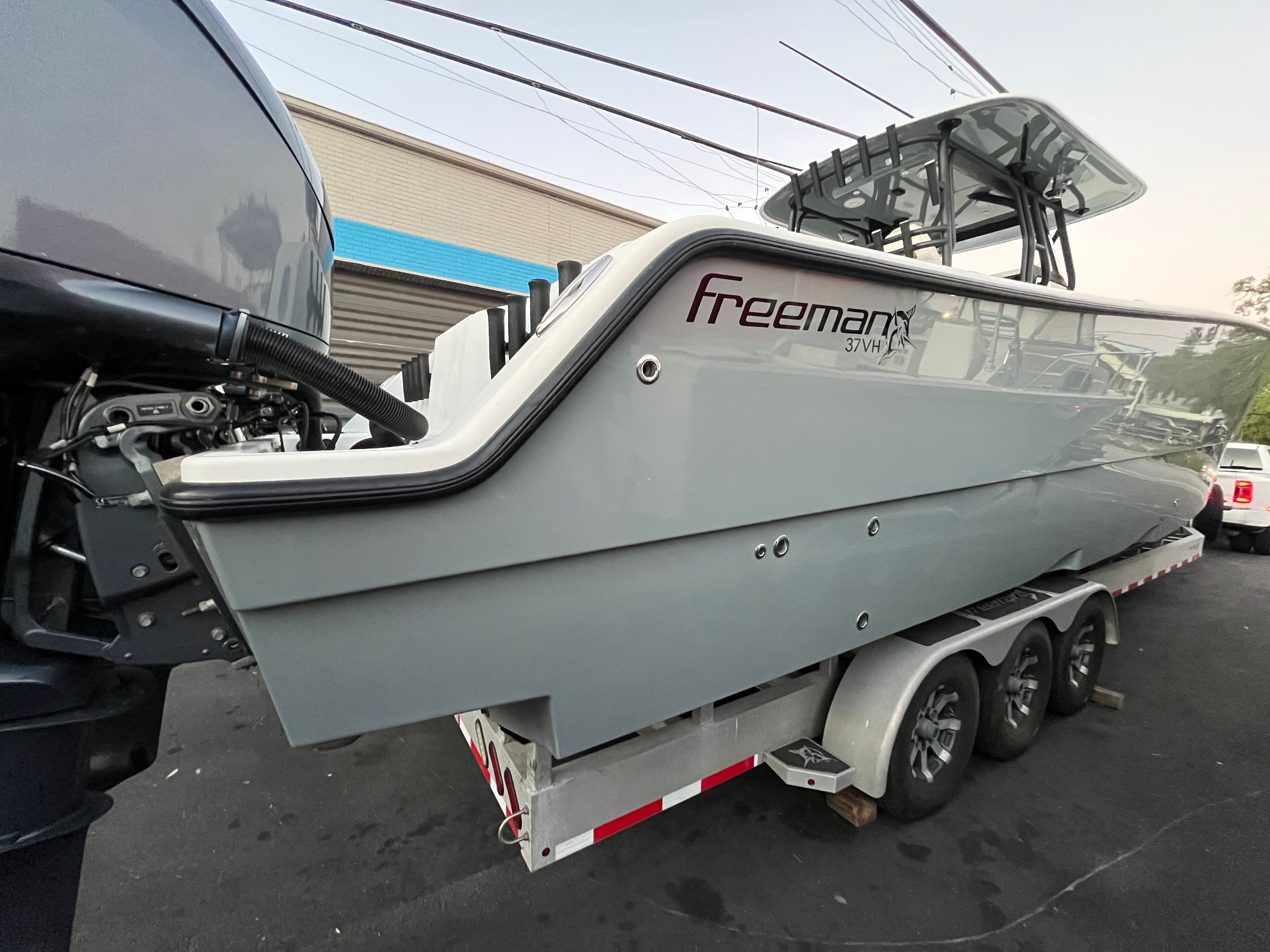 2017 Freeman 37VH boat on a trailer.