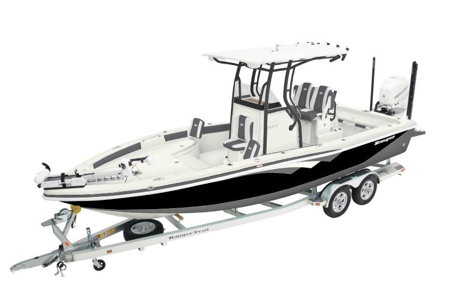 2026 Ranger 2600 Bay boat on trailer, featuring sleek design and modern amenities.