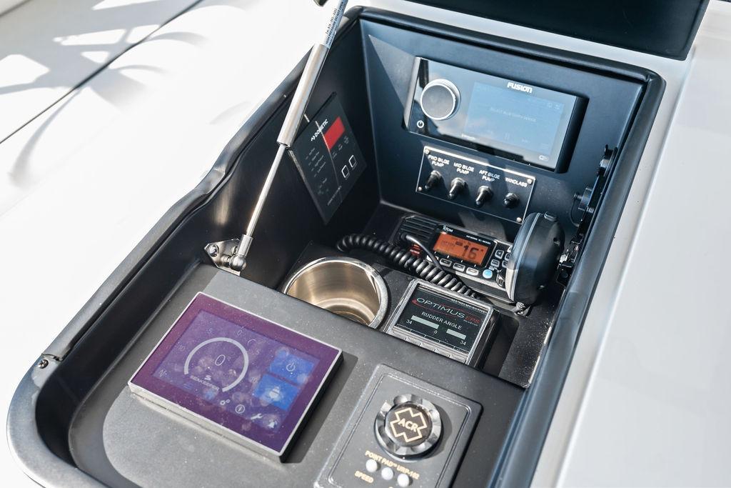 Control panel of 2022 Viking 48 Convertible yacht with navigation and communication equipment.