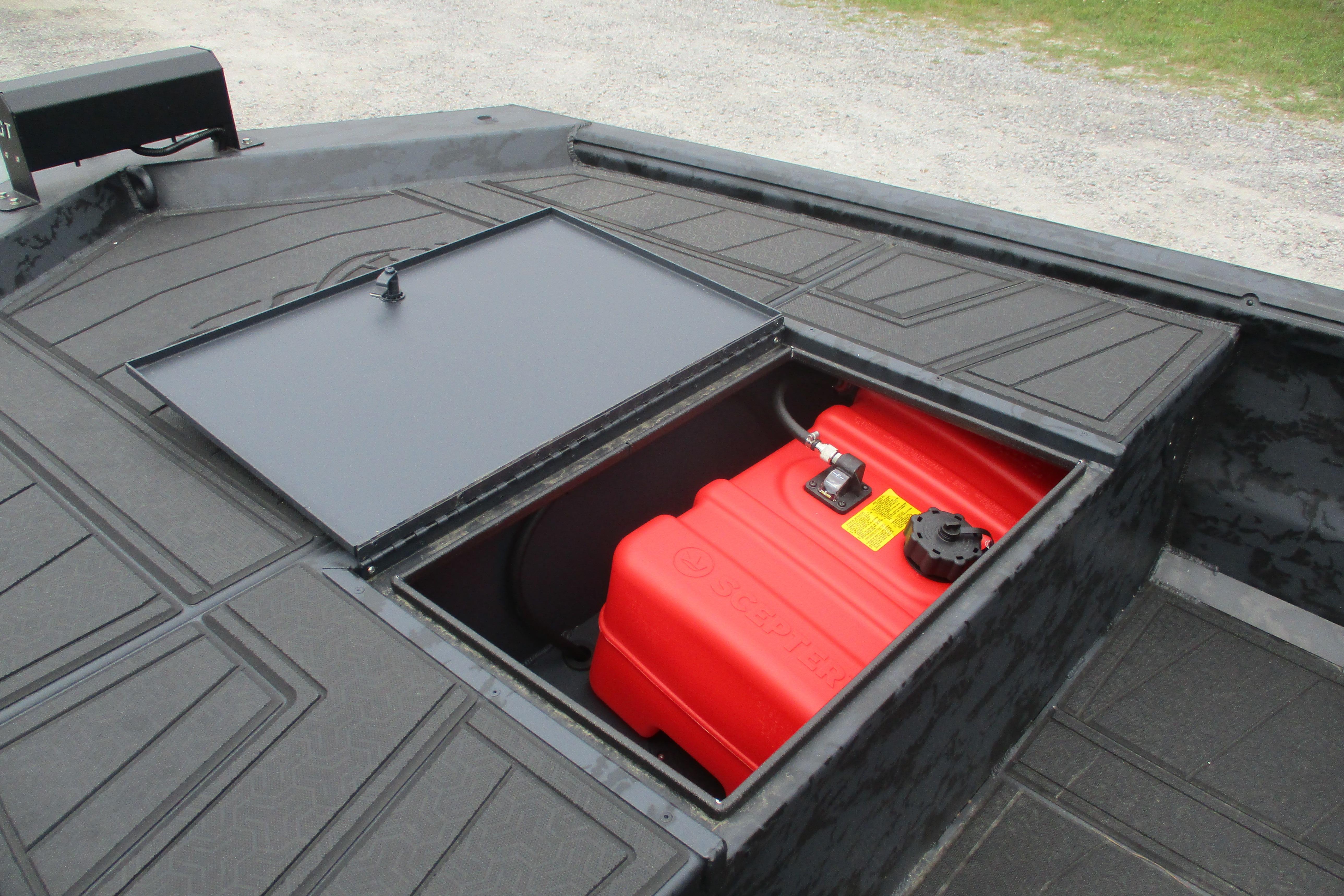 2026 Gator Tail 1860 Extreme CC boat with open storage compartment and red fuel tank.
