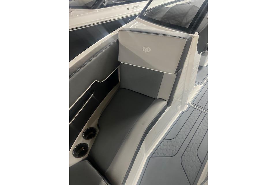 2025 Cobalt CS23 Surf boat interior with sleek seating and cup holders.