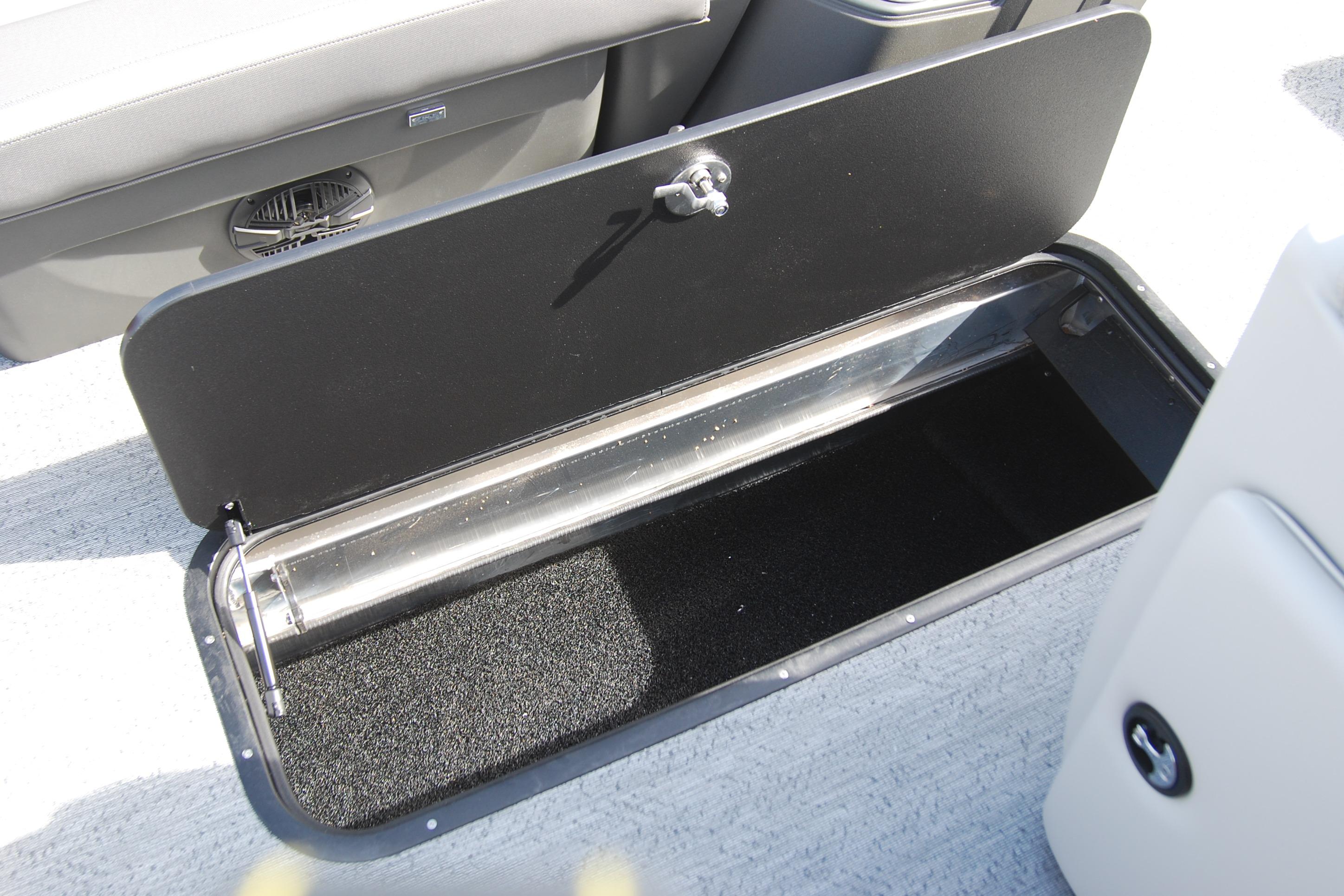 Storage compartment on 2026 Sun Tracker Fishin' Barge 22 XP3 pontoon boat.