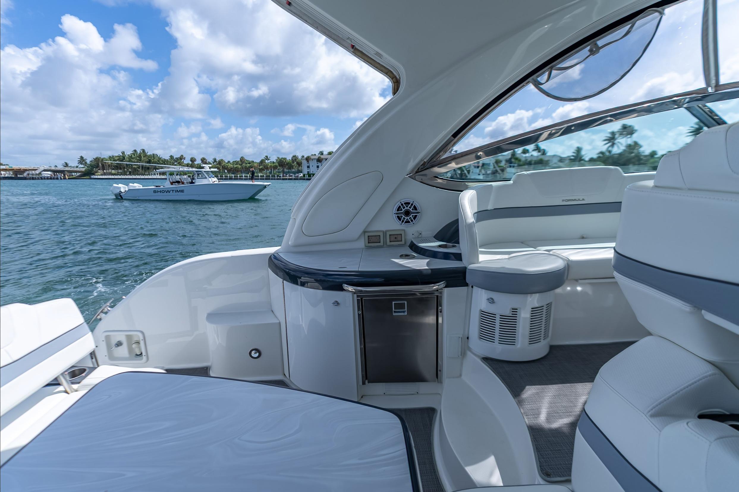 2022 Formula 40 Performance Cruiser interior with ocean view and luxury seating.