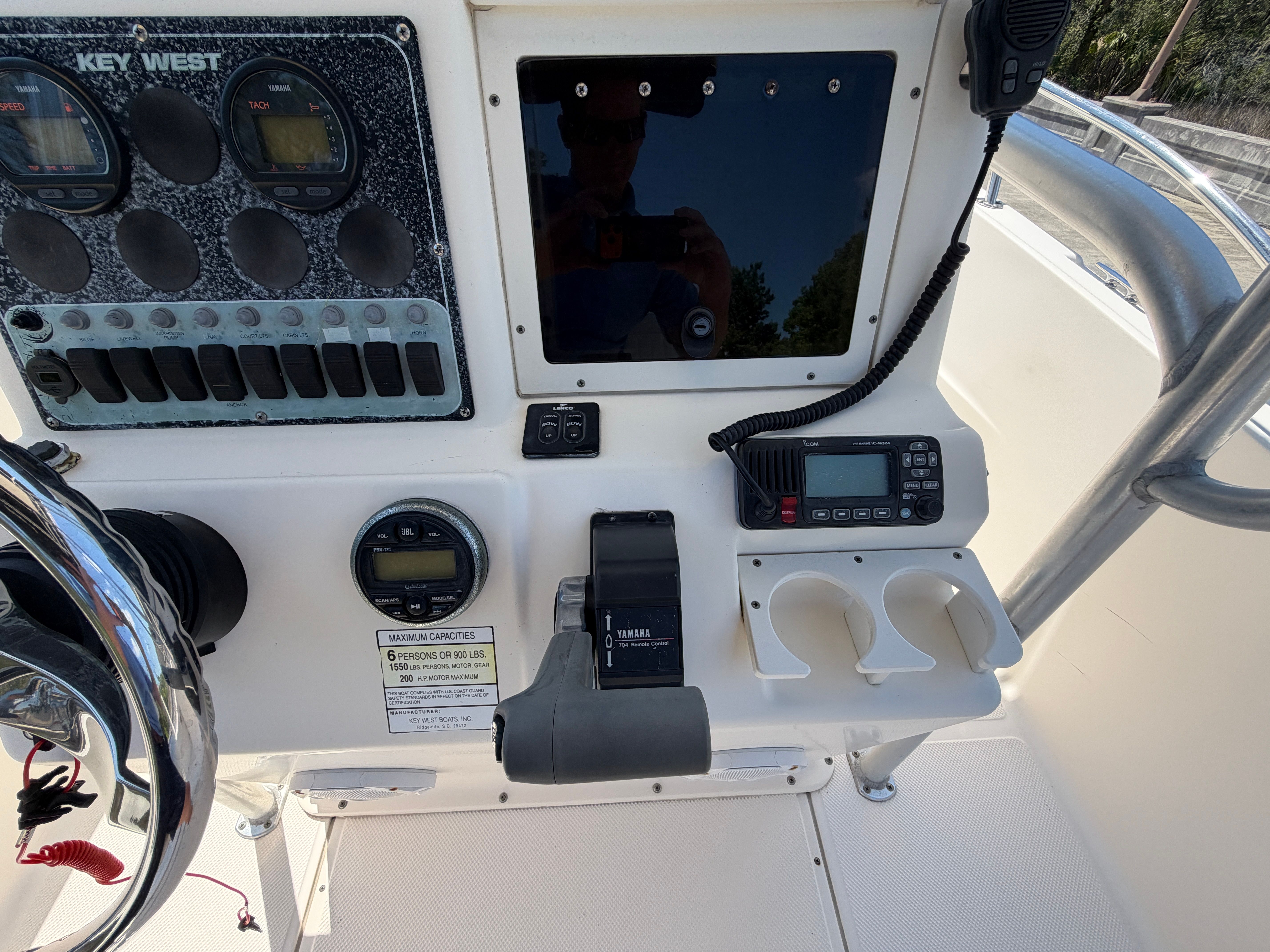 Control console of a 2004 Key West 2020 Center Console boat.