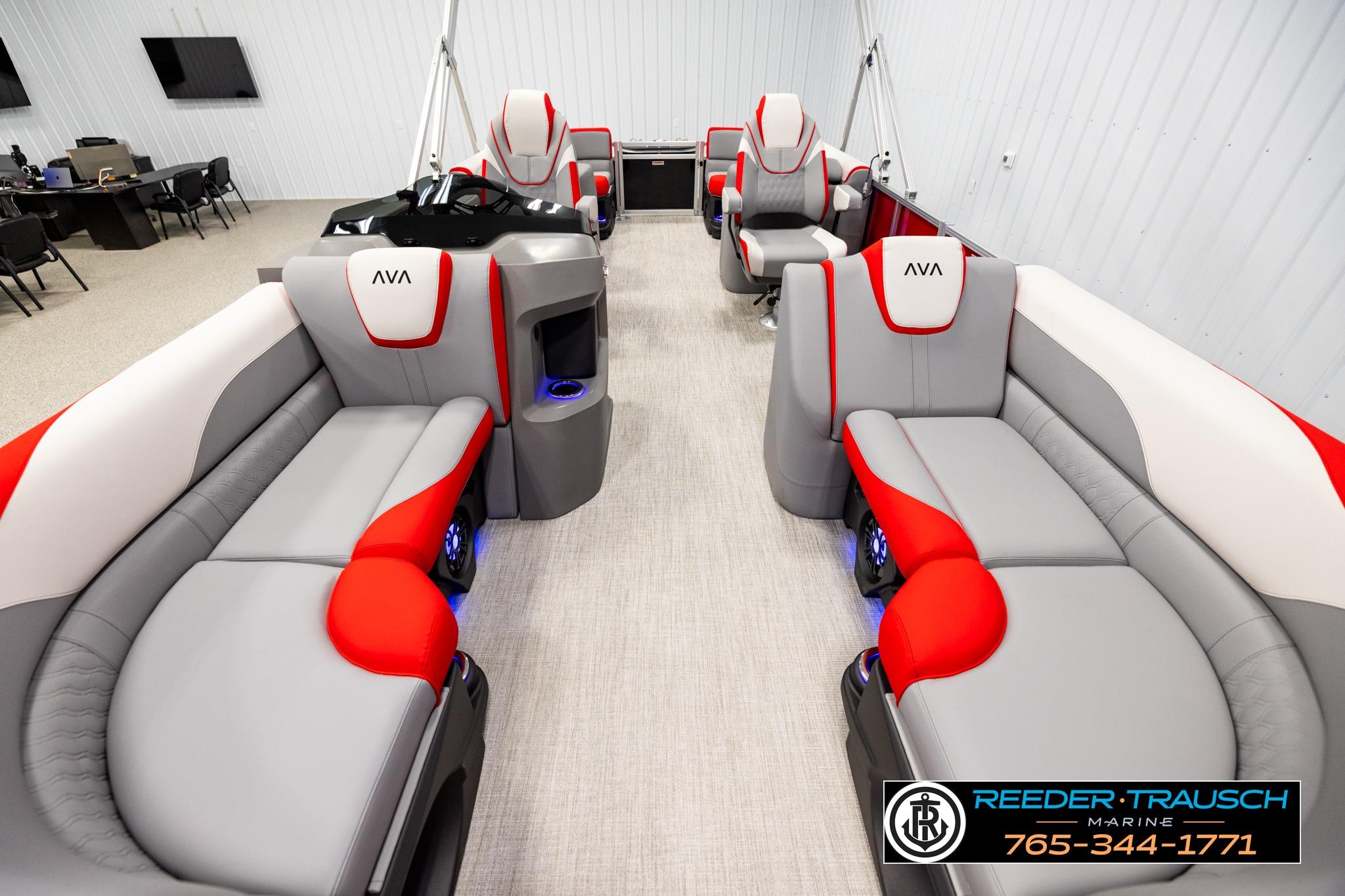 Luxurious 2026 Avalon LSZ QL pontoon boat interior with modern seating and sleek design.