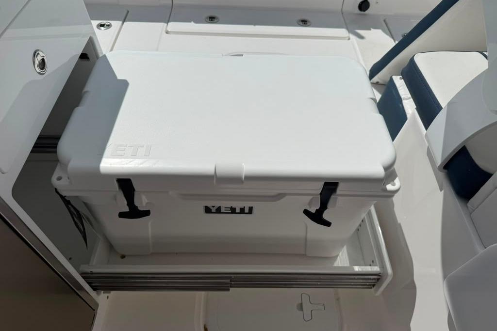 YETI cooler on 2026 Sea Fox 288 Traveler boat, featuring sleek interior design.