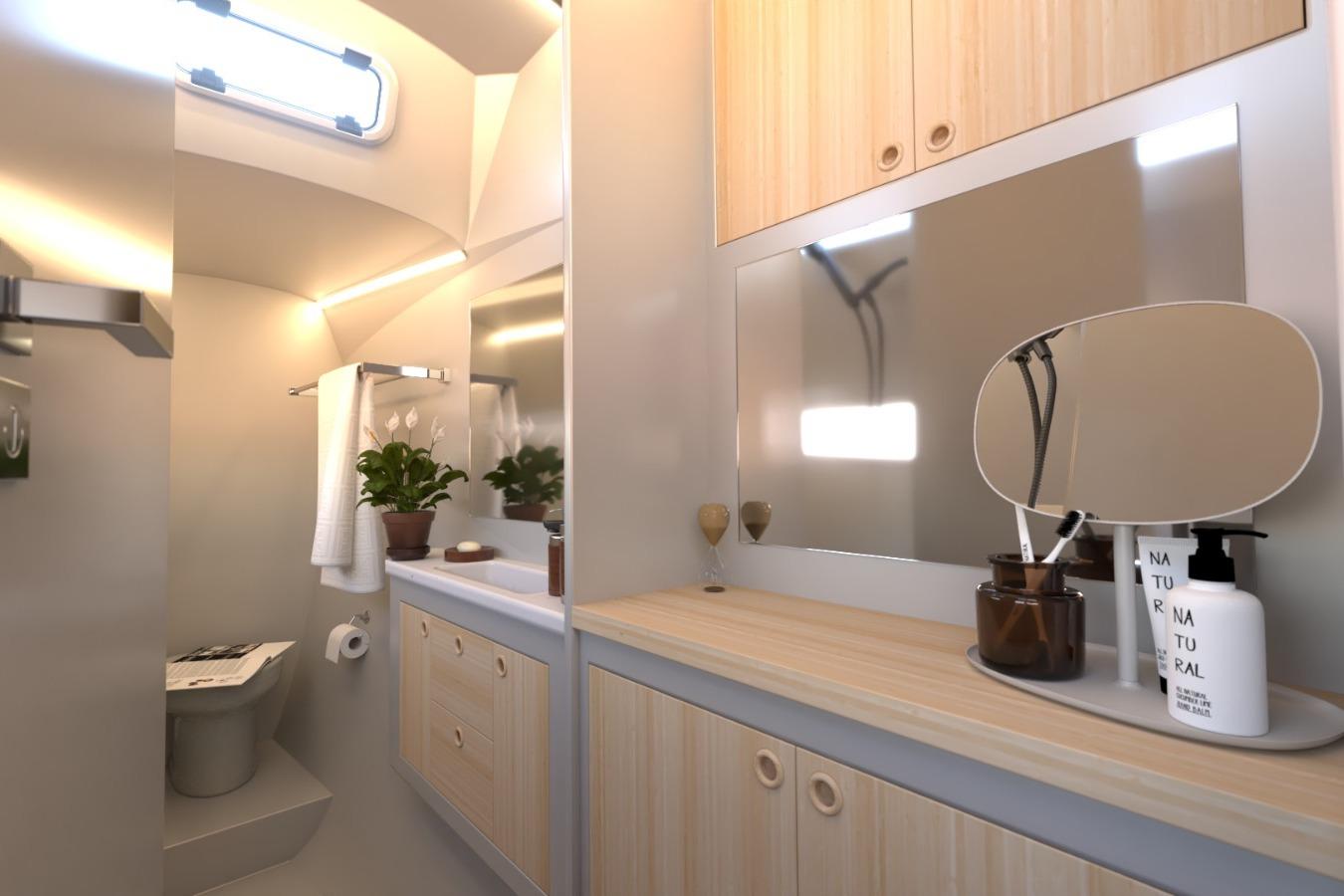 Modern bathroom interior in 2026 Catamaran Cruisers Power Cat, featuring sleek design and natural accents.