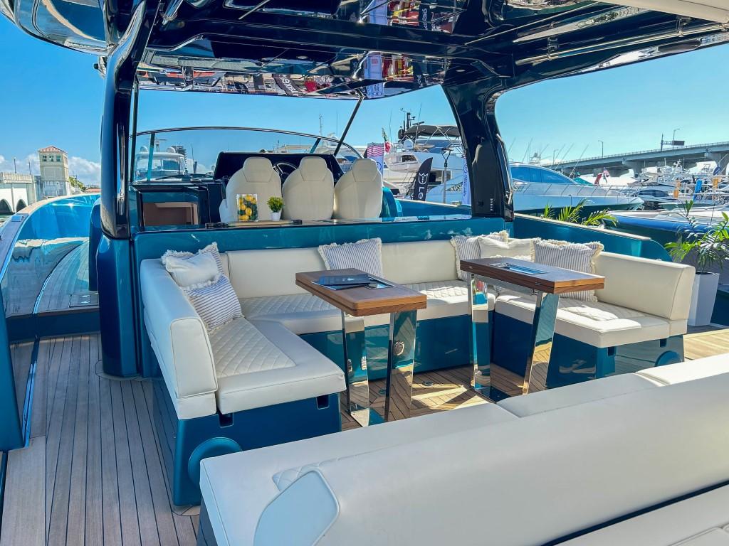 Luxurious seating area on the 2024 Solaris Power 52 Open yacht.