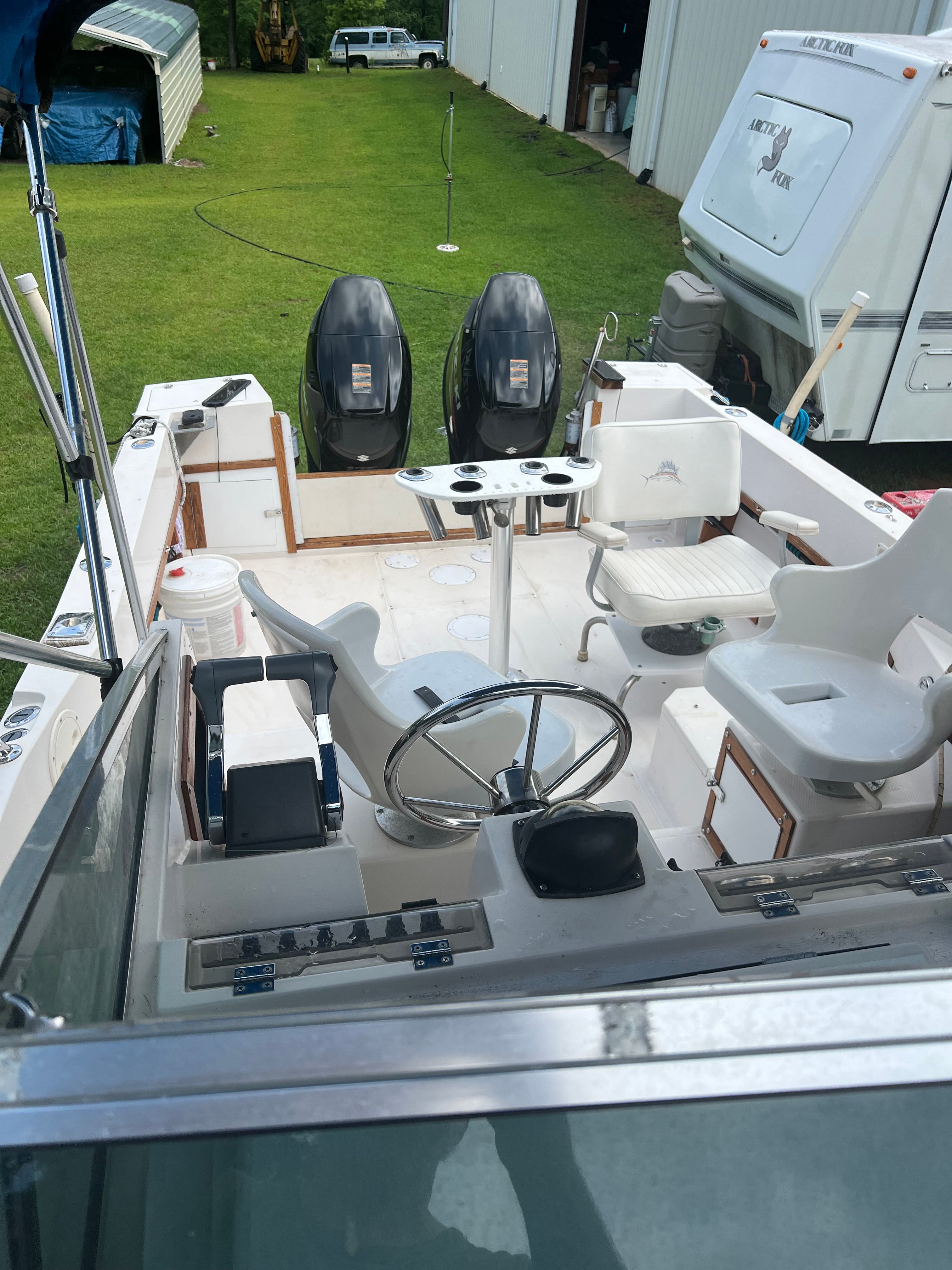 Interior view of a 1987 Grady-White Gulfstream boat with helm and seating.