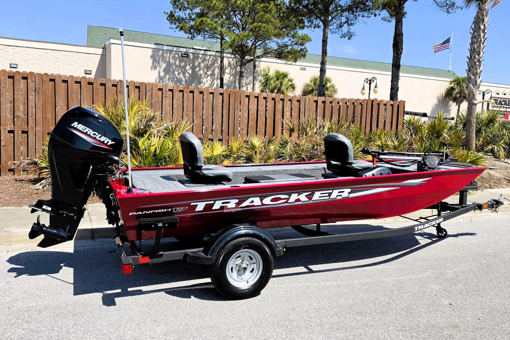 2026 Tracker Panfish 17 boat with Mercury engine, parked outdoors on a trailer.