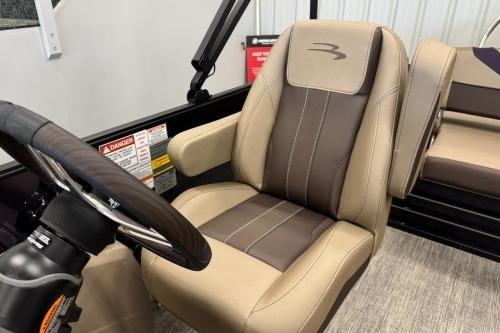 Captain's chair in 2026 Bennington 22SXSB boat, featuring beige and brown upholstery.