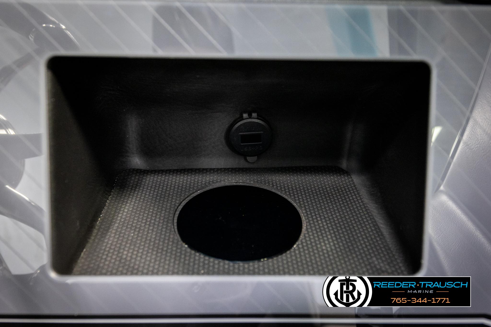 Storage compartment in 2025 Avalon 2585 Excal VRBW boat, featuring a sleek interior design.